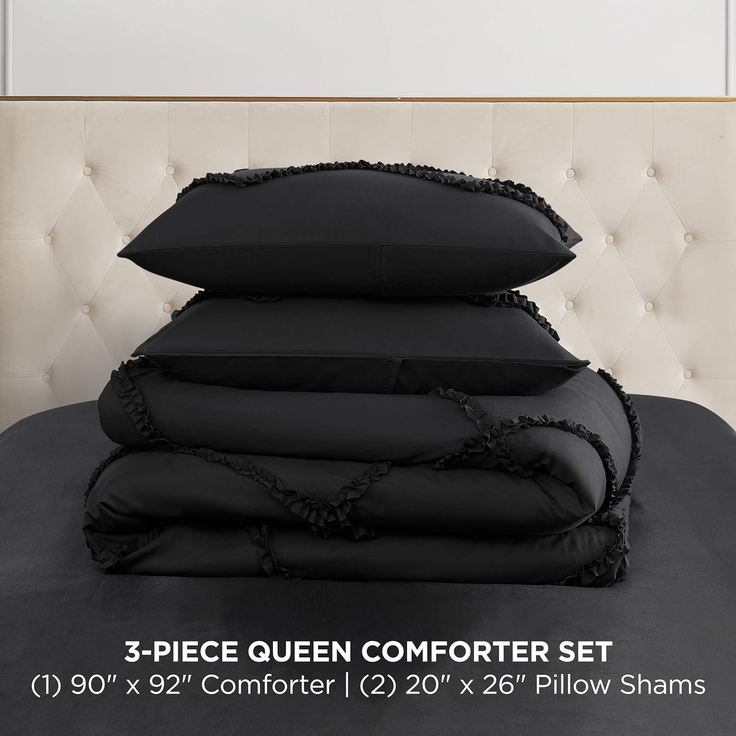 Full Black Microfiber Diamond Ruffle Reversible Comforter Set