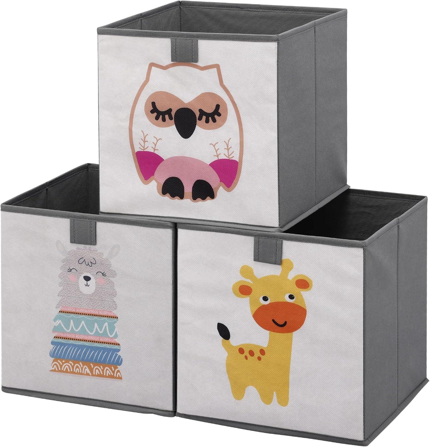 Navaris Kids Storage Cubes (Set of 3) - Storage Boxes 11x11x11" with Animal Designs - Children's Cube Bins Fabric Organizer Bin - Alpaca/Giraffe/Owl