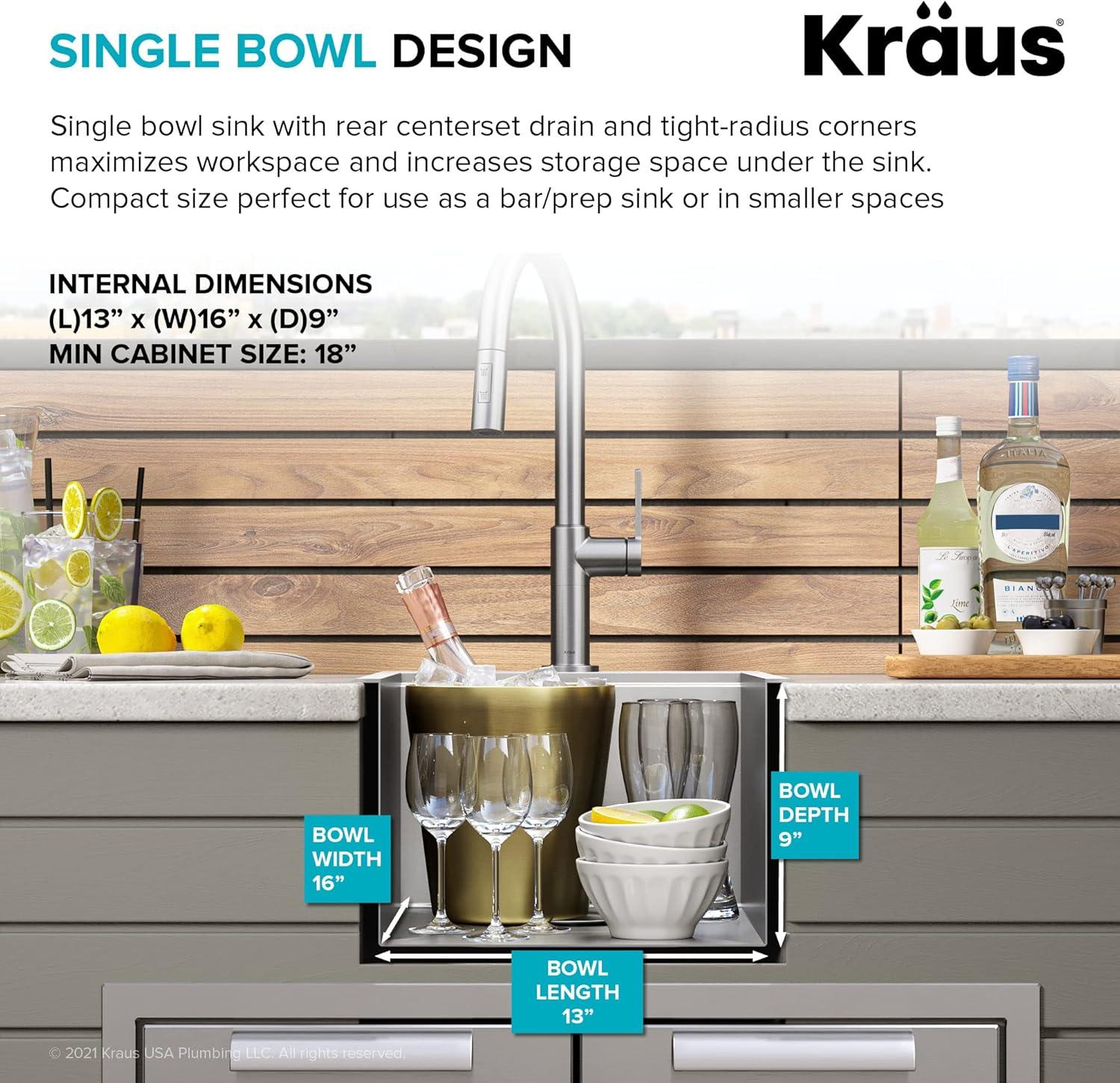 KRAUS Kore™ 15" L Outdoor Workstation Drop-In 16 Gauge Marine Grade T-316 Stainless Steel Single Bowl Kitchen Bar Sink