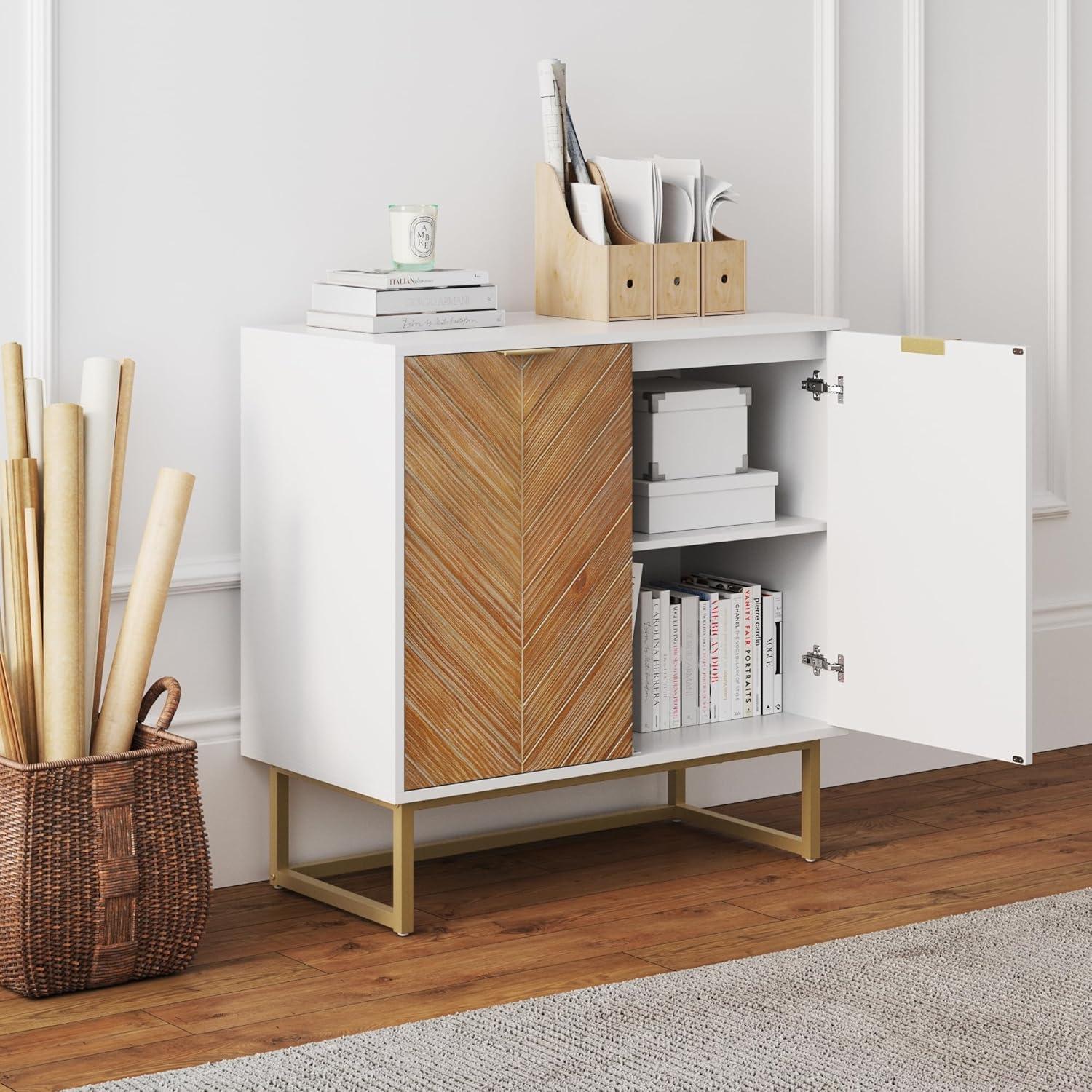 Enloe Wood 2 Door Storage Cabinet Matte White/Natural Wash Wood - Nathan James: Laminate Surface, Adjustable Shelf, Wood & Metal Frame