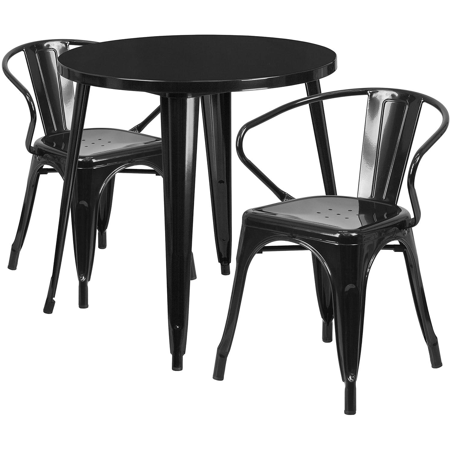 Flash Furniture Conrad Commercial Grade 30" Round White Metal Indoor-Outdoor Table Set with 2 Arm Chairs