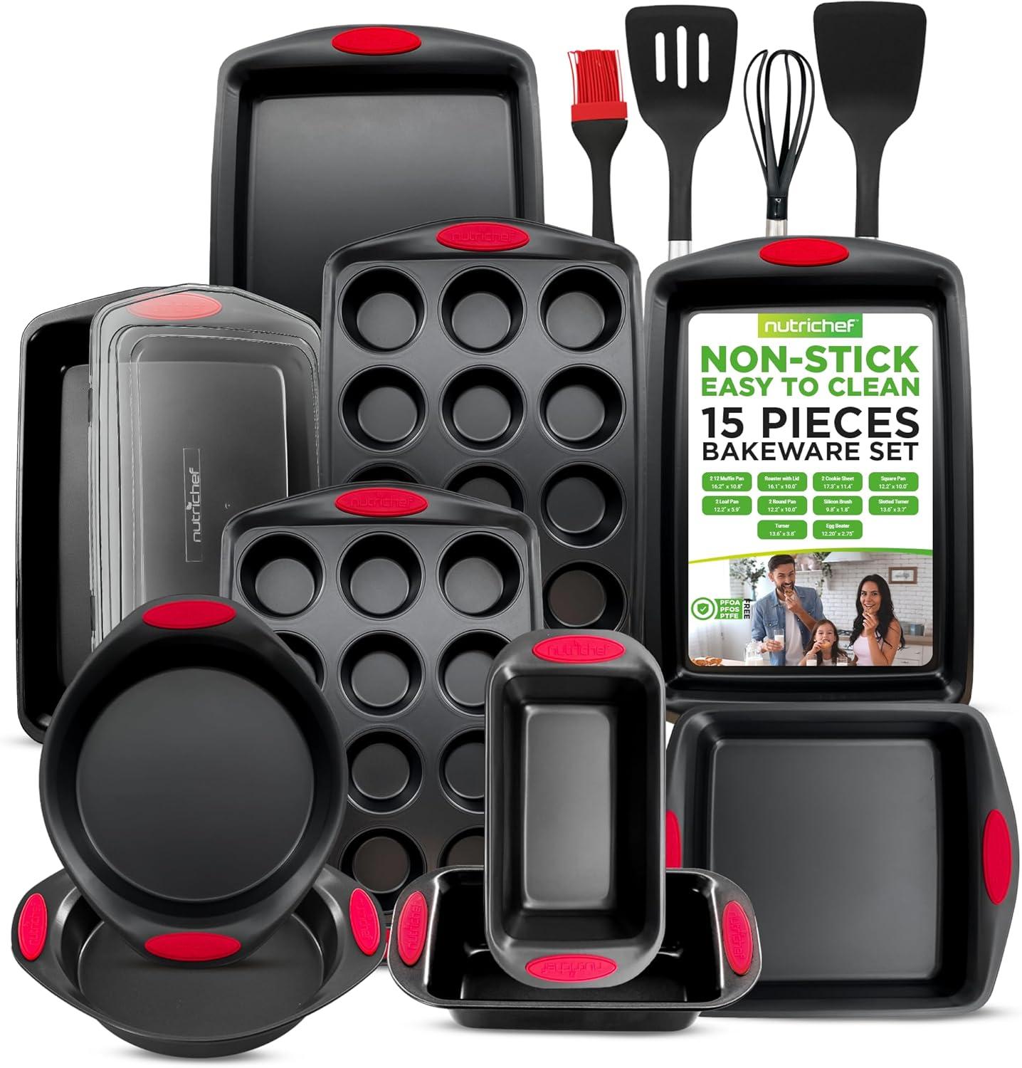 NutriChef 15-Piece Nonstick Black Carbon Steel Bakeware Set with Red Handles