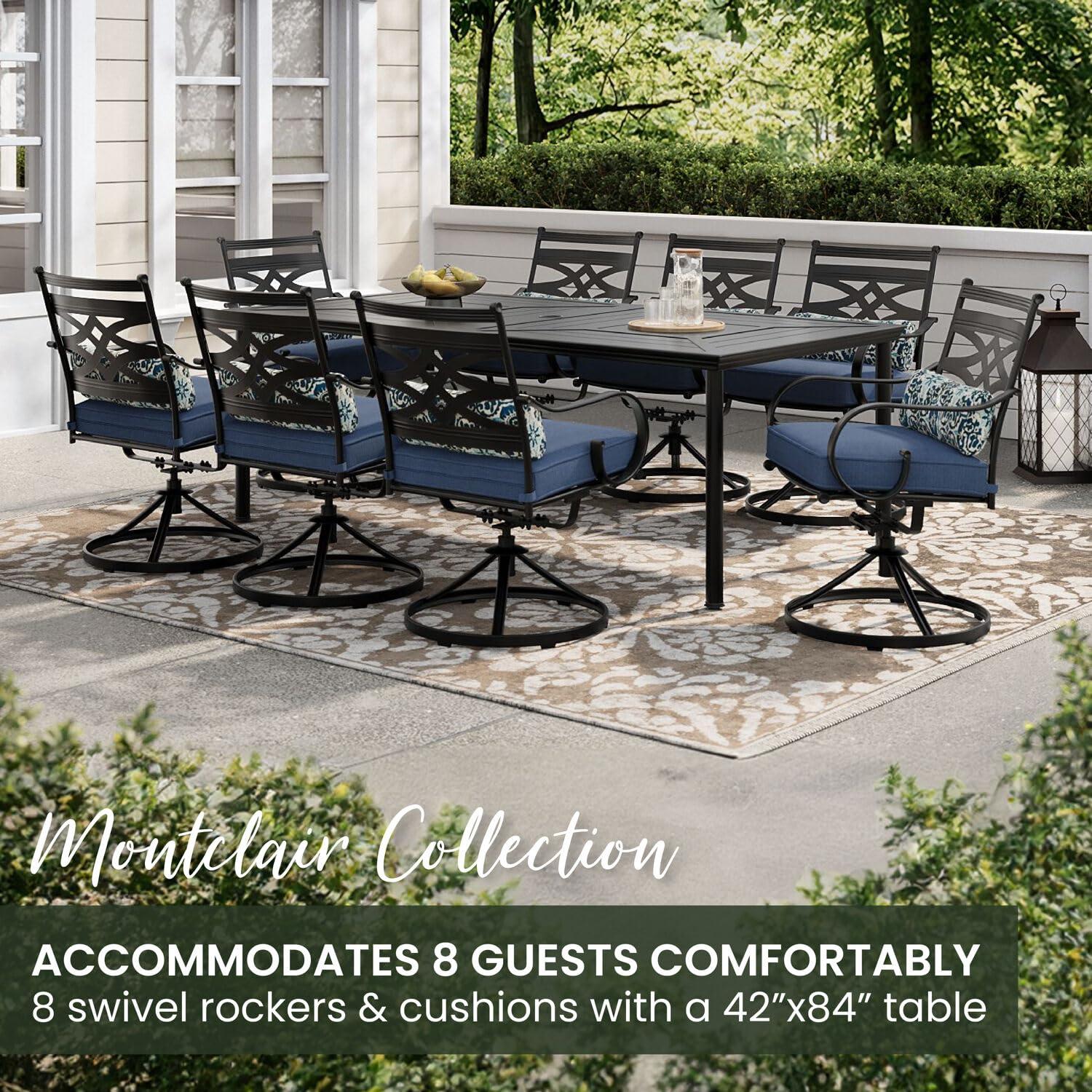 Hanover Montclair 9-Piece All-Weather Outdoor Patio Dining Set, 8 Swivel Rocker Chairs with Comfortable Seat and Lumbar Cushions, 84"x42" Stamped Rectangle Table, MCLRDN9PCSW8-NVY