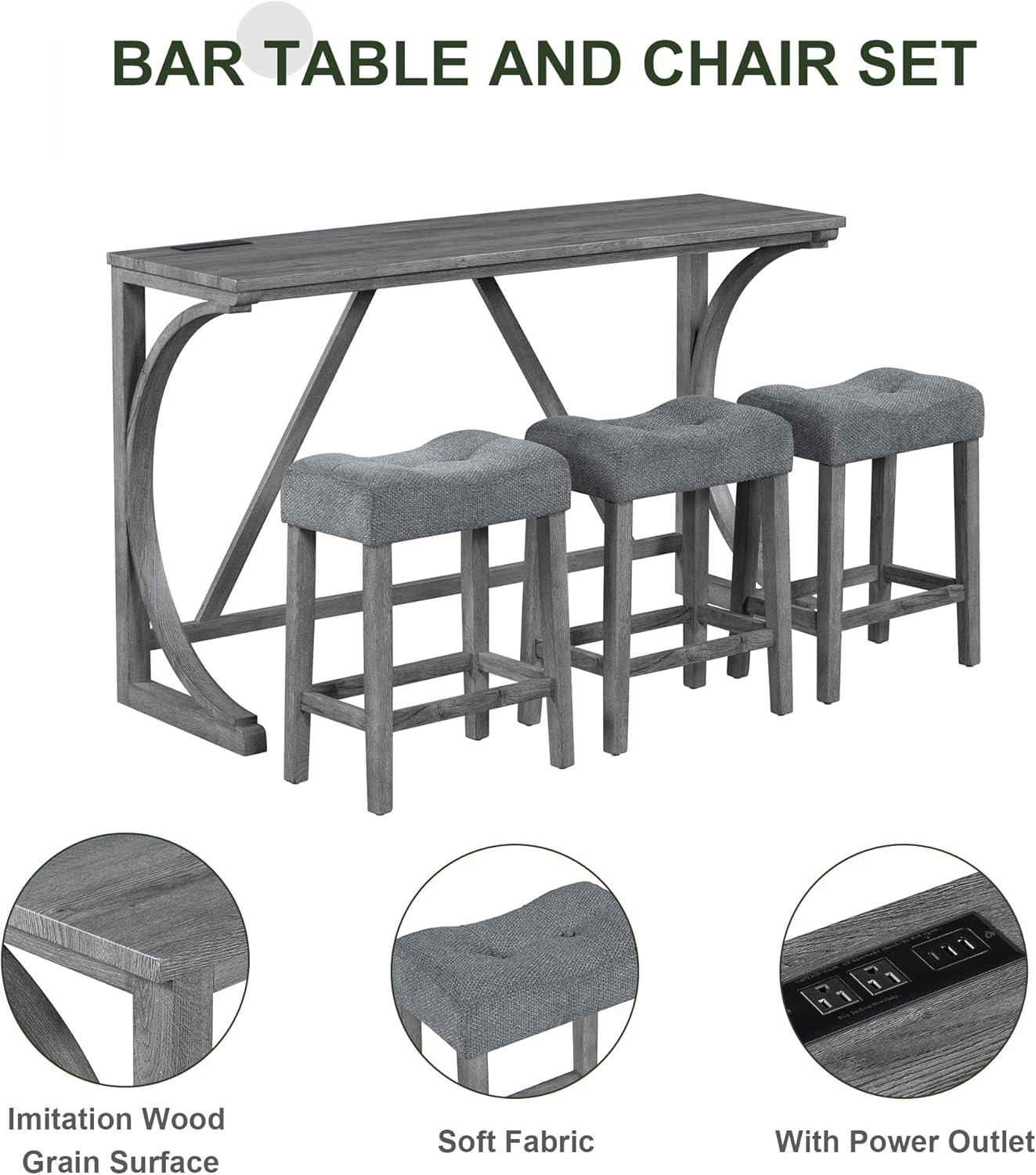 Bar Table Set With Power Outlet, Bar Table And Chairs Set, 4 Piece Dining Table Set, Industrial Breakfast Table Set, For Living Room, Dining Room, Game Room