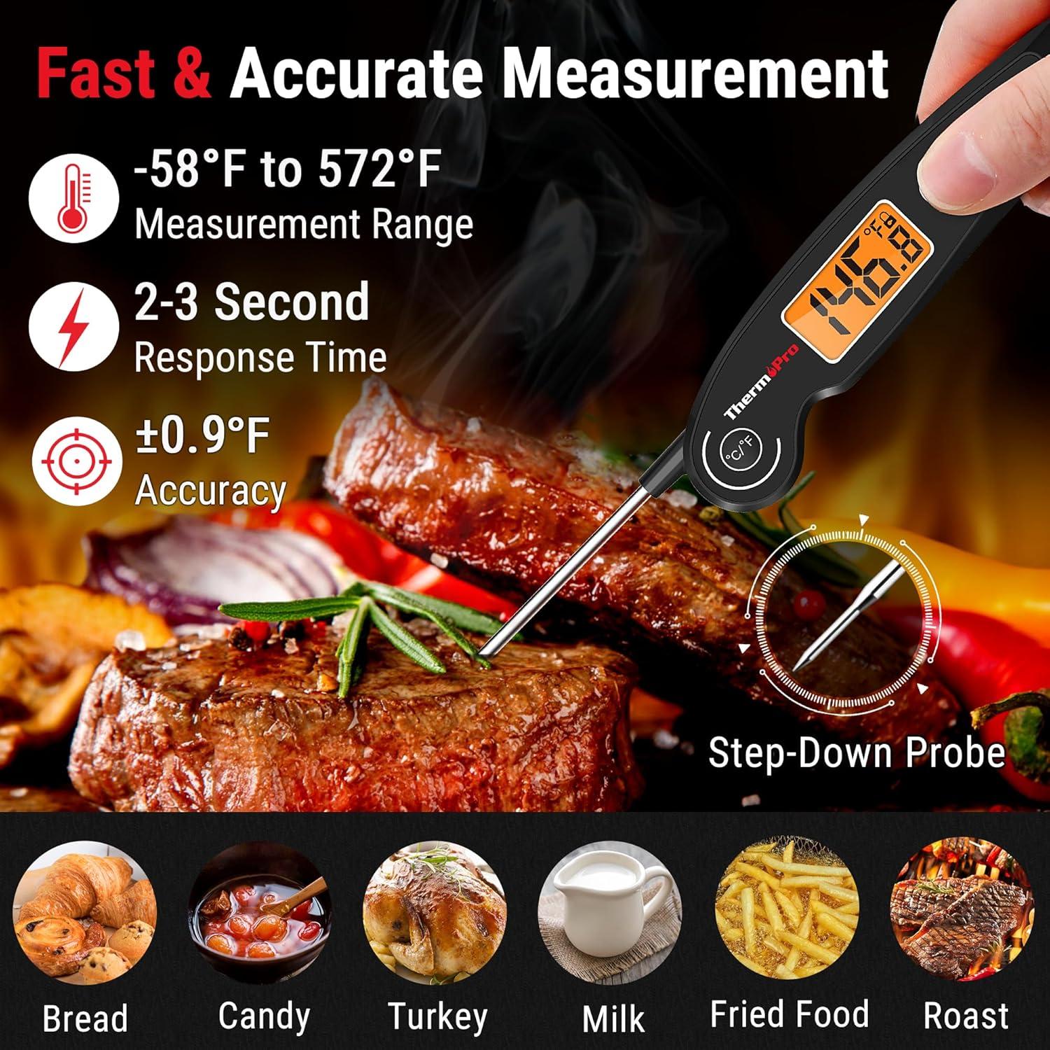 ThermoPro TP605 Instant Read Meat Thermometer Digital for Cooking, Waterproof Food Thermometer with Backlight & Calibration, Digital Probe Cooking Thermometer for Kitchen, Outdoor Grilling and BBQ