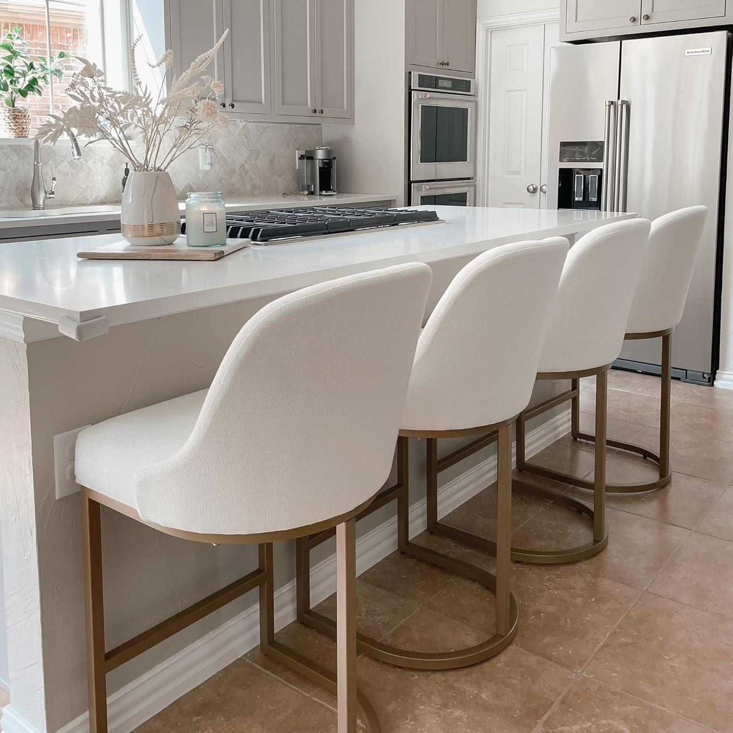 Leick Home 10132GD/WT Barrel back Counter Stool Set of 2 in White Linen Seat and Gold Metal Base