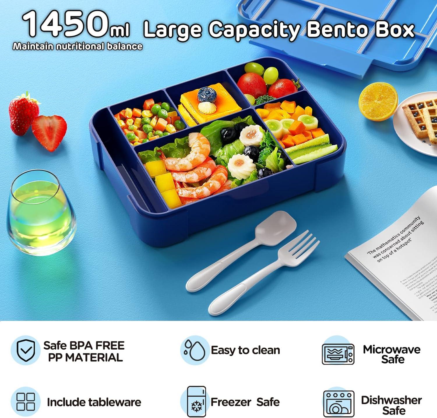 Bento Lunch Box for Kids - 1450ml Leakproof Kids Bento Box 6 Compartments