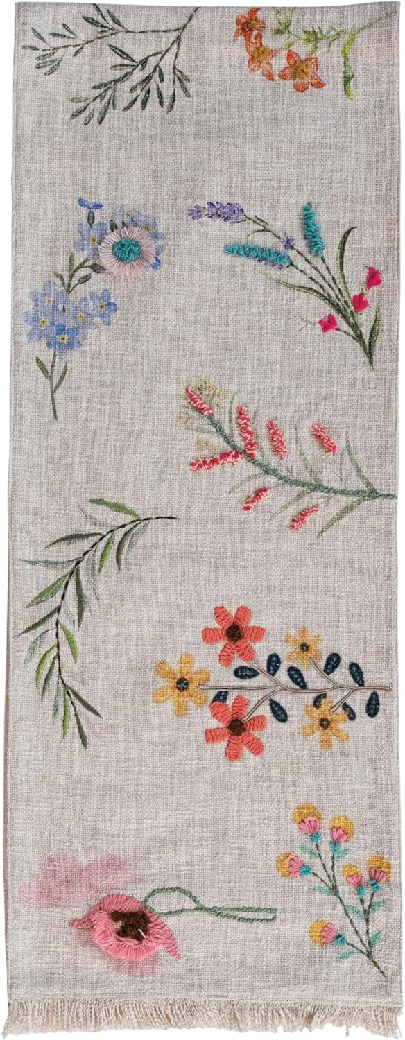 Bloomingville Long Slub Printed Rectangle Table Runner with Flowers, Embroidery and Fringe, Multicolor