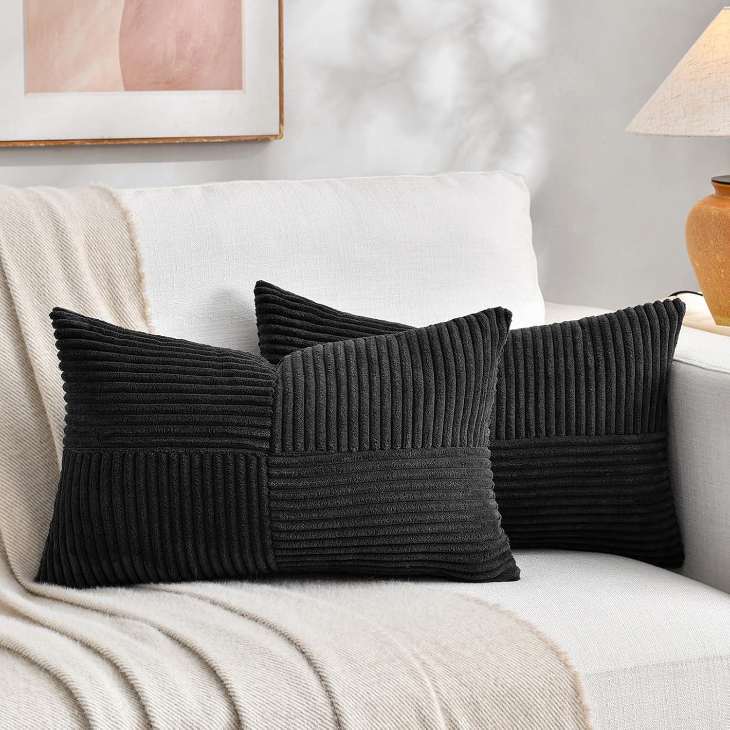 Boho Sage Green Striped Corduroy Pillow Covers - Set of 2 | Farmhouse Rectangle Cushion Cases for Sofa Couch Bed | Soft Decorative Throw Pillowcases - 12x20 Inch Home Decor