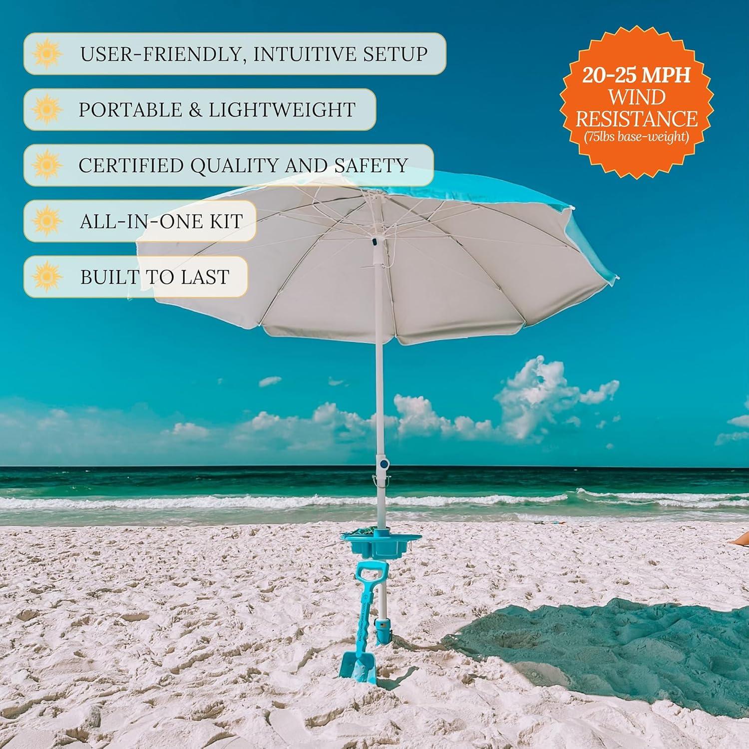 Anchor Works: Classic Beach Umbrella & AnchorONE Kit – Sky Blue - 7.5ft, Carry Bag, Sand Shovel & Drink Tray, UV-Protected, Outdoor Sun Canopy