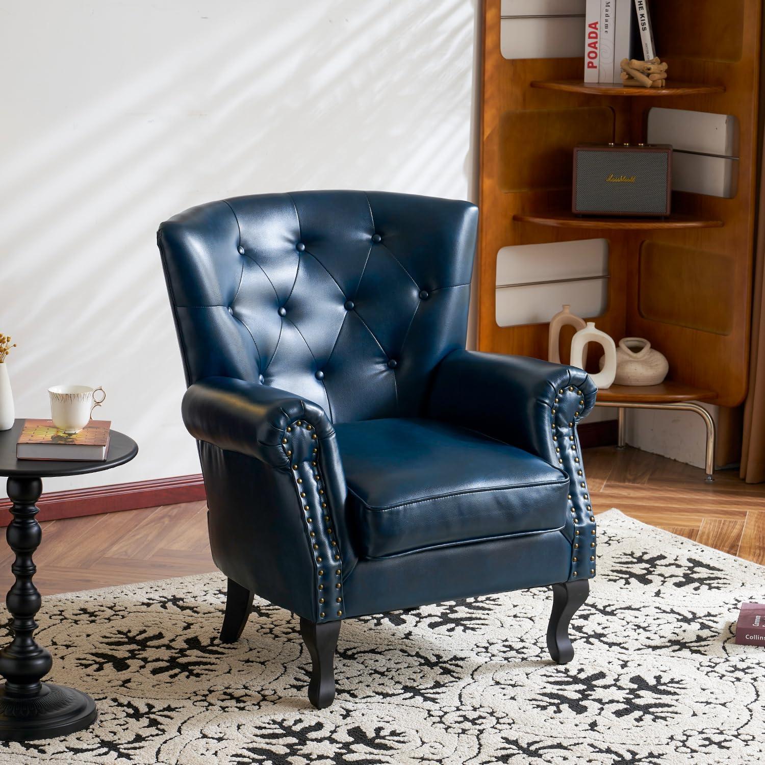 Navy Faux Leather Tufted Accent Chair with Wood Legs