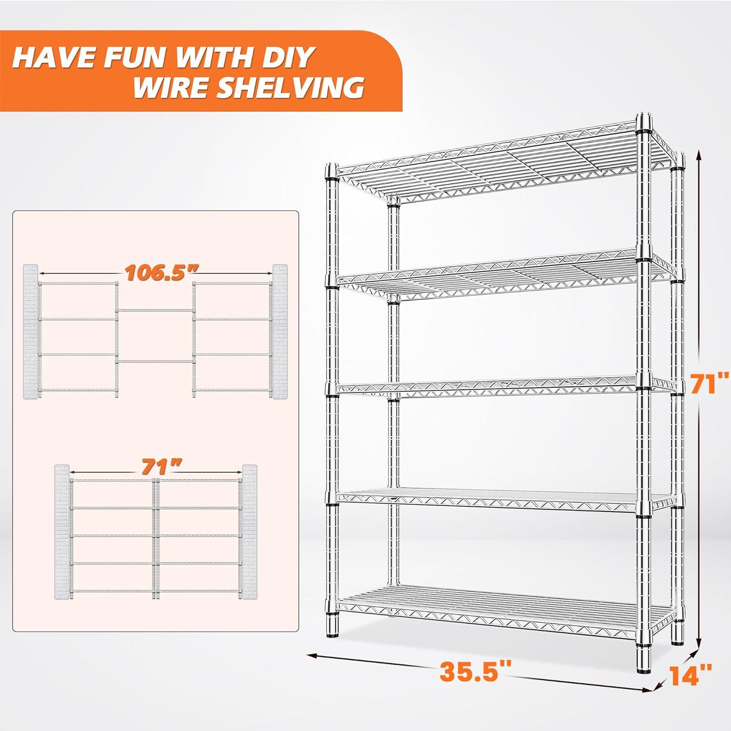 REIBII 5-Tier Storage Shelves Wire Shelving Unit Loads 1200LBS Heavy Duty Adjustable Metal Shelving Unit for Garage Storage Rack Panty Shelf Kitchen Shelving 35.5''L X 14''W X71''H,Chrome