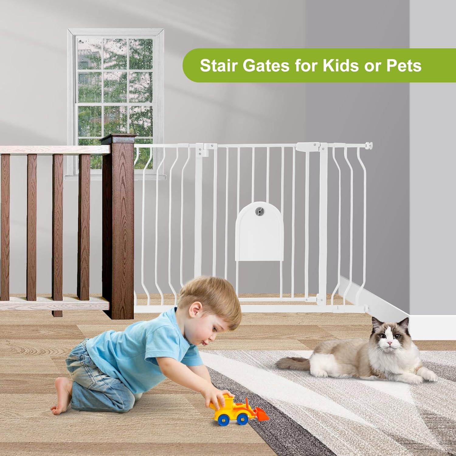 Baby Gates with Cat Door - Auto Close 29.5"-48.4" Safety Metal Dog Pet Gate for Doorway, Stairs, House, Walk Through Child Gate with Pet Door, includes 4 Wall Cups and 2 Extension Pieces