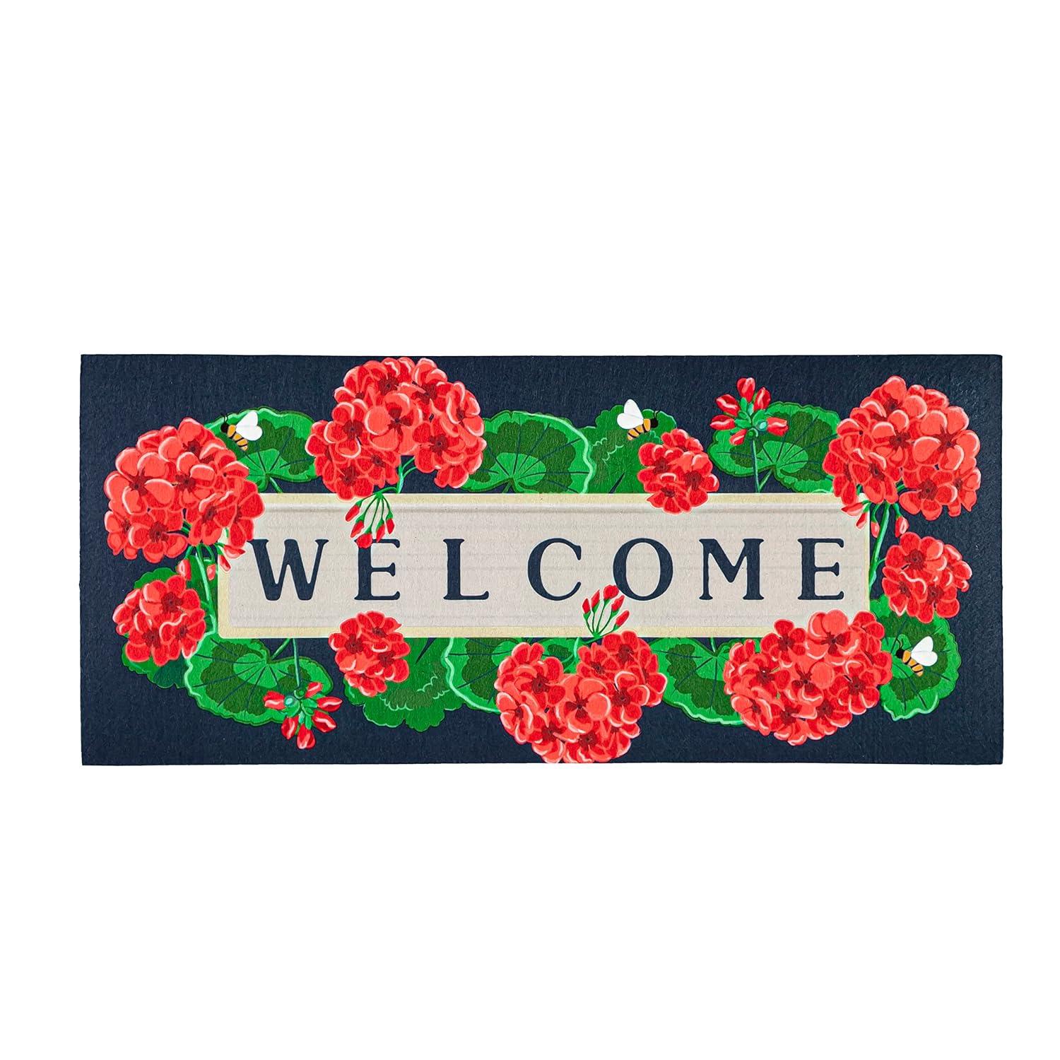 Evergreen Geraniums Welcome Textured Sassafras Indoor Outdoor Switch Doormat 1'10"x10" Multicolored