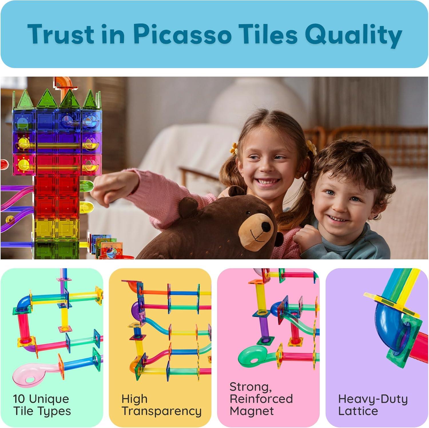 PICASSO-TILES Marble Run Race Track Set,  Magnetic Tiles, Building Blocks, STEM Toys for Kids, 120pc
