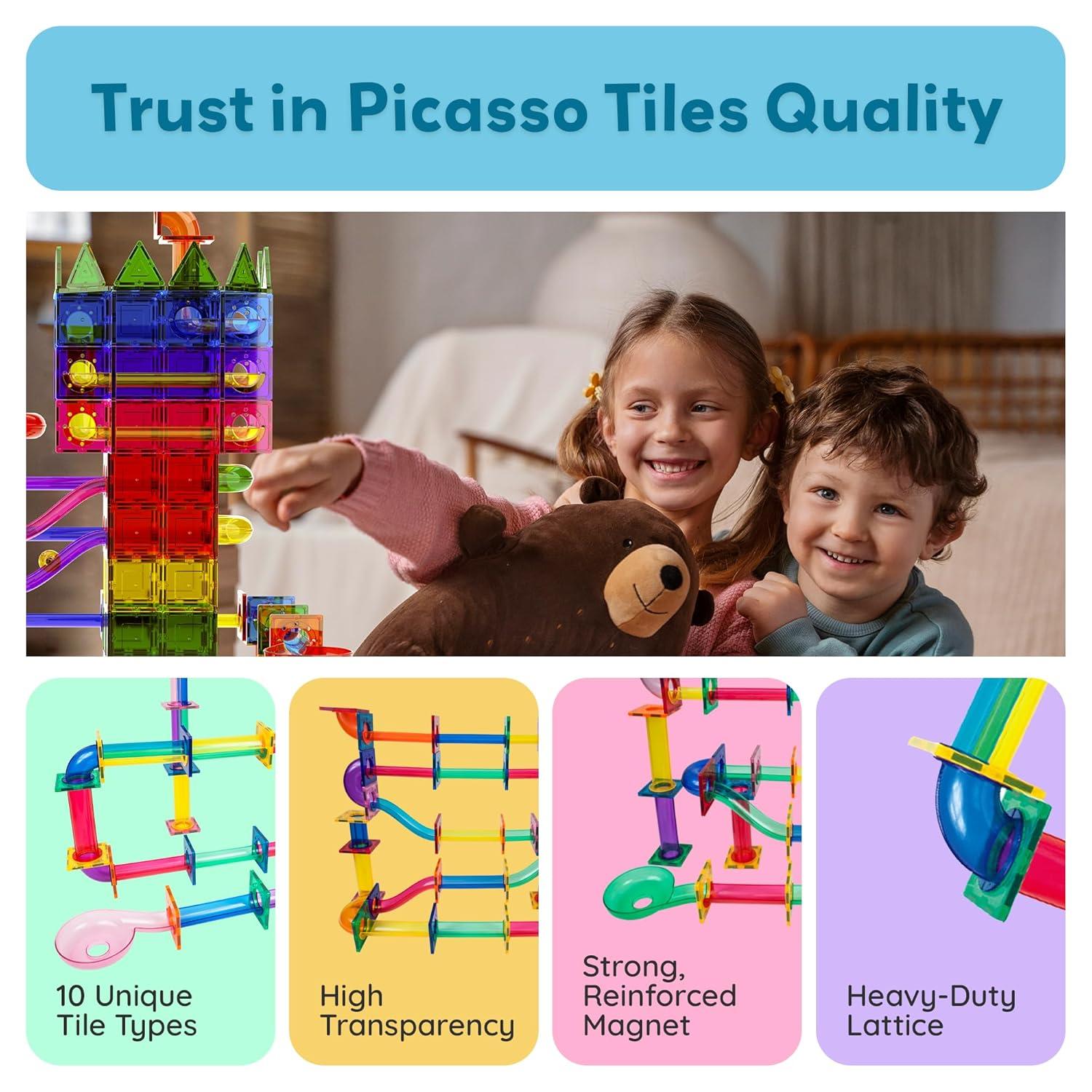 PICASSO-TILES Marble Run Race Track Set,  Magnetic Tiles, Building Blocks, STEM Toys for Kids, 120pc