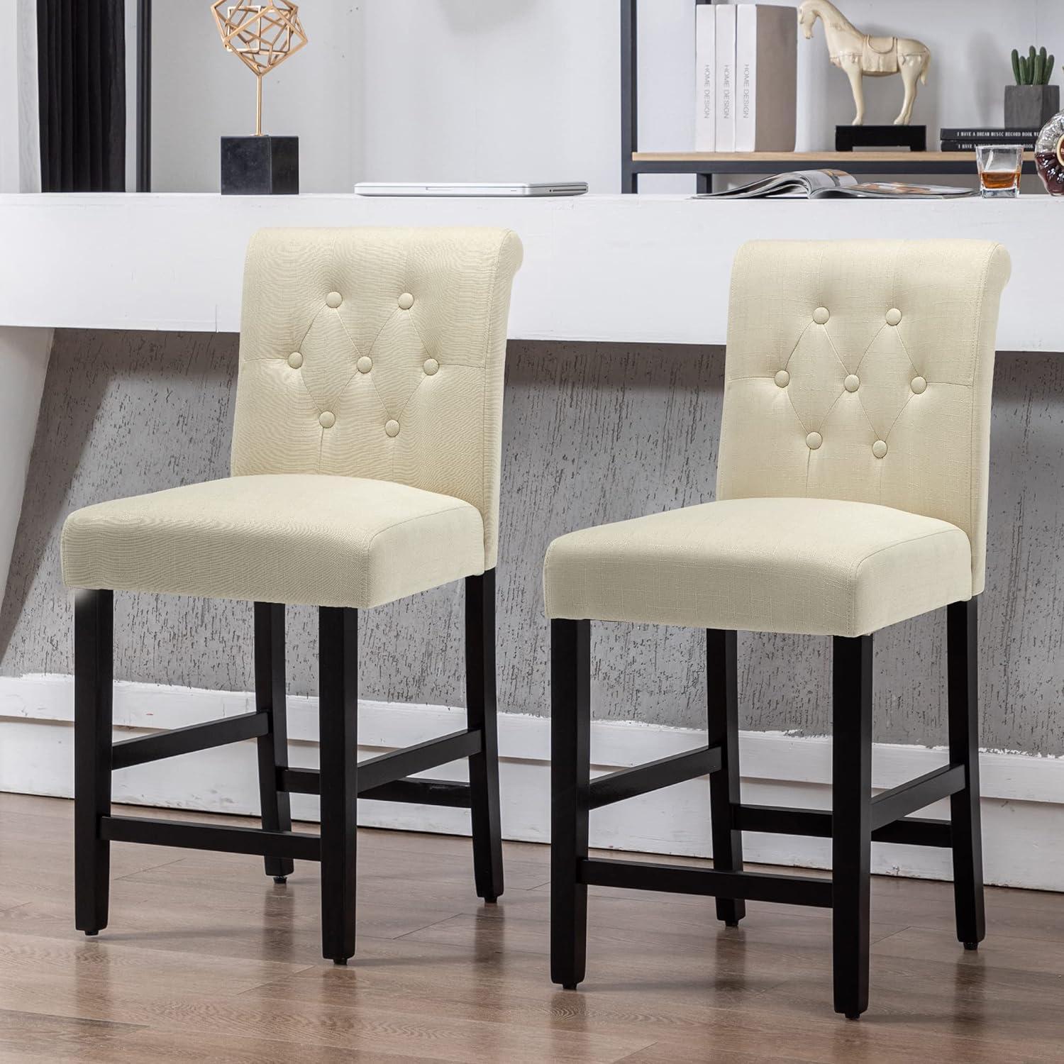 Beige Upholstered Button Tufted 24" Counter Stools, Set of 2