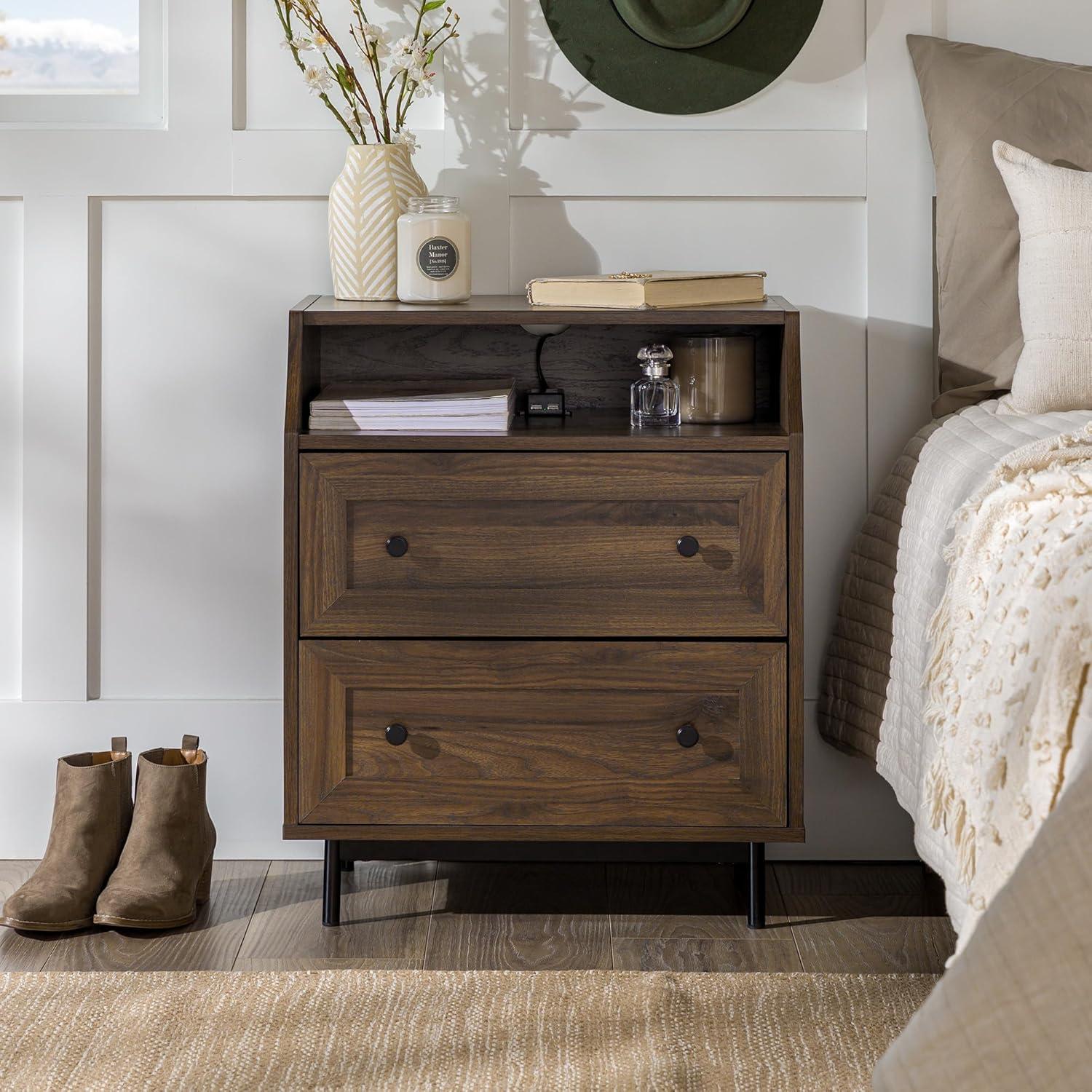 22" Curved Open Top 2-Drawer Bedroom Nightstand with USB in Dark Walnut