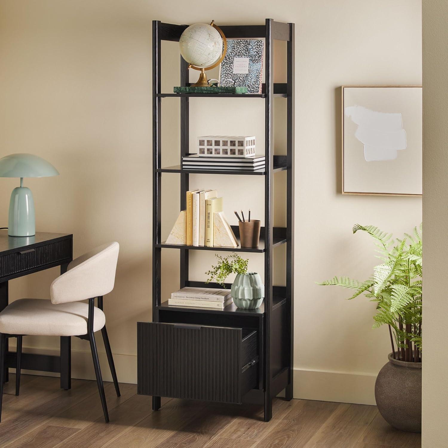 Thore Transitional Narrow Bookshelf with Drawer on Bottom