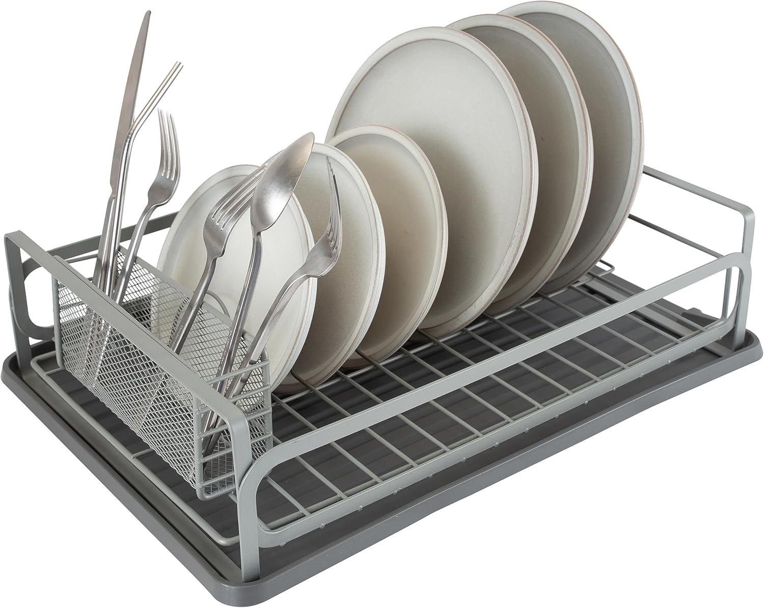 Large Gray Metal Foldable Dish Rack with Utensil Cup