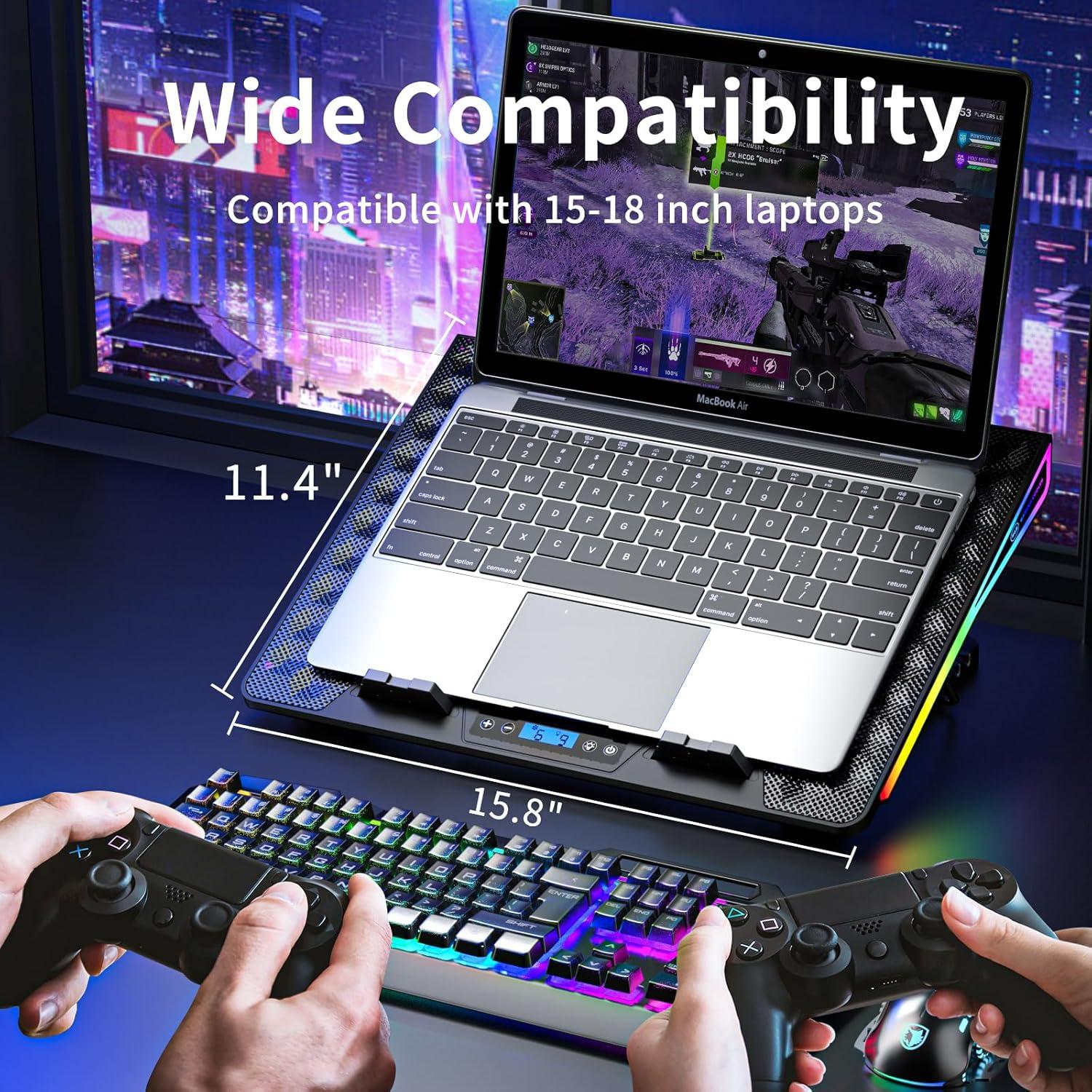 KeiBn Laptop Cooling Pad, Gaming Laptop Fan Cooling Pad with 15 Quiet Fans, RGB Laptop Cooler for 10-17.3 Inch, 4 Height Stands, 2 USB Ports - Blue