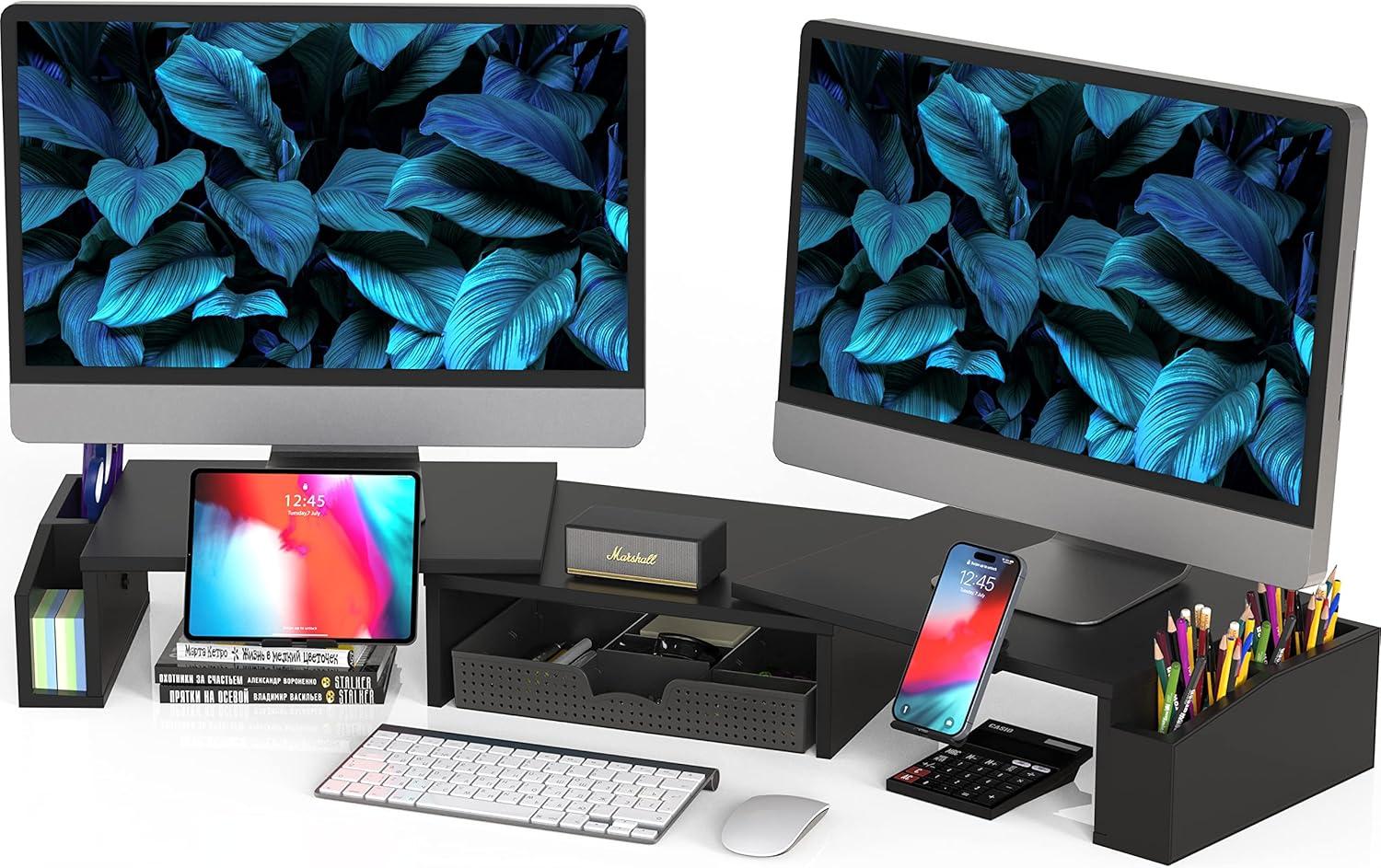 Desk Dual Monitor Stand Riser with Drawer, Black