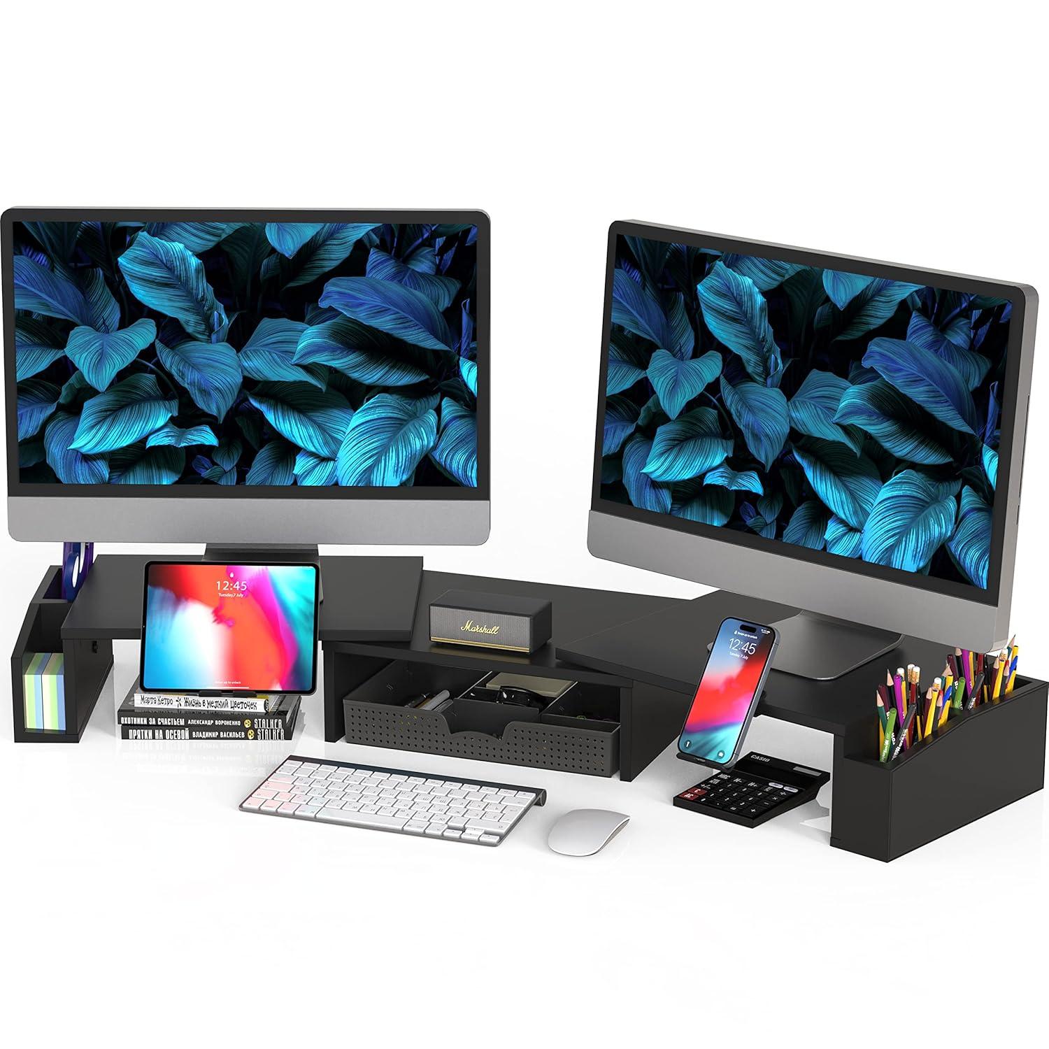 Desk Dual Monitor Stand Riser with Drawer, Black