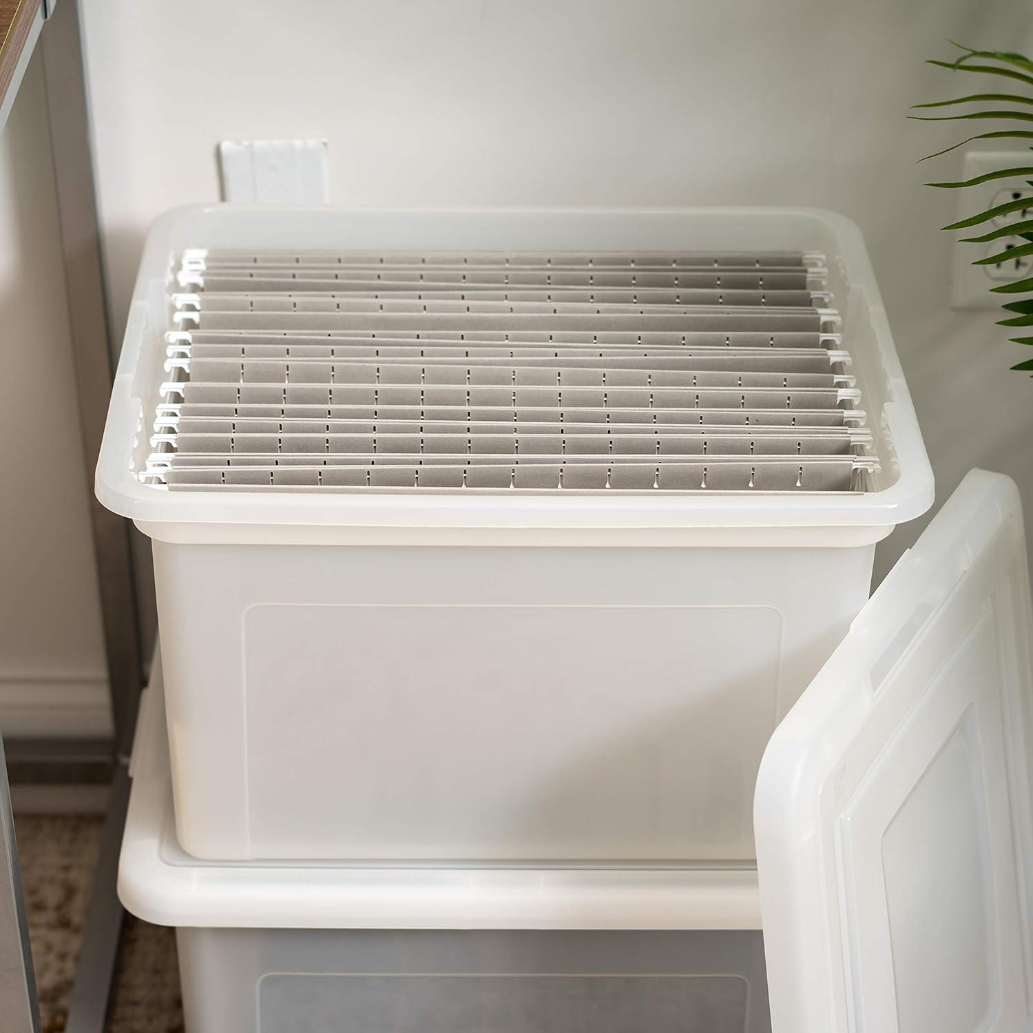 IRIS USA 35 Qt. 4Pack File Box File Organizer Plastic File Box for Letter/Legal File, BPA-Free Plastic Storage Bin Tote Organizer with Durable, Pearl