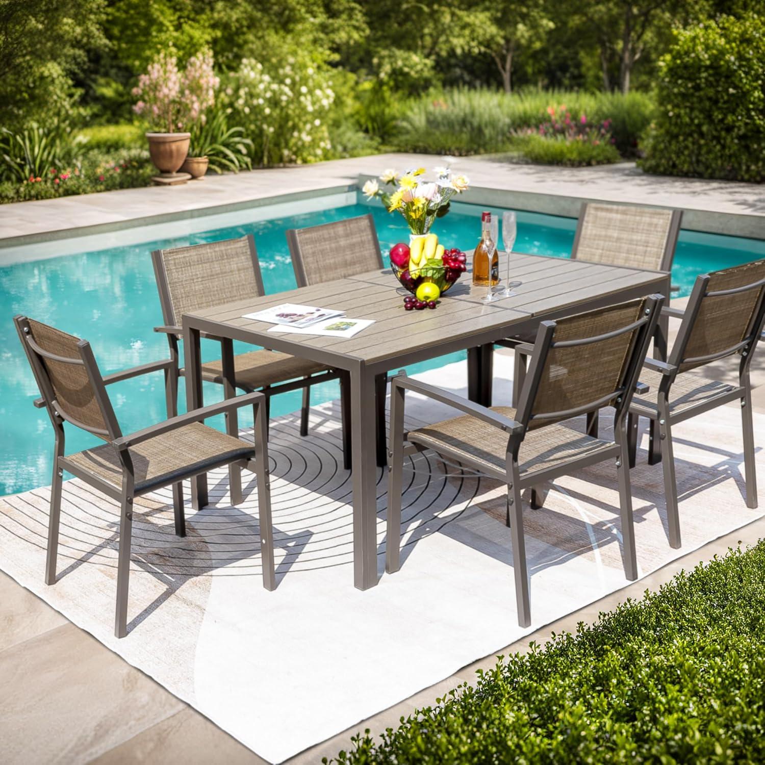 Homall Patio Dining Set 7 Pieces Outdoor Furniture with Large Table and 6 Textilene Chairs for Porch, Brown