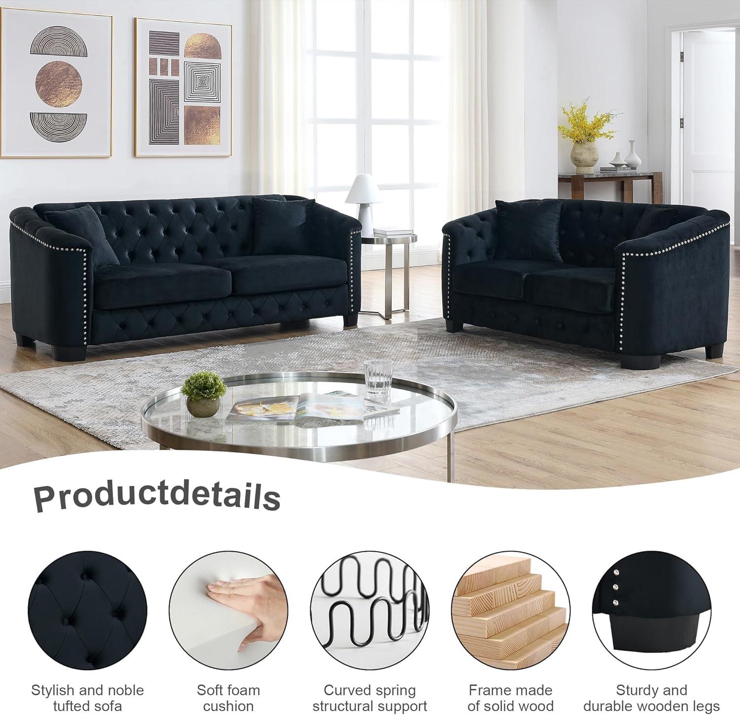 House of Hampton® House of Hampton® 2 Piece Chesterfield Sofa Set, Upholstered 77" Velvet 3 Seater Sofa + 59" Velvet Loveseat