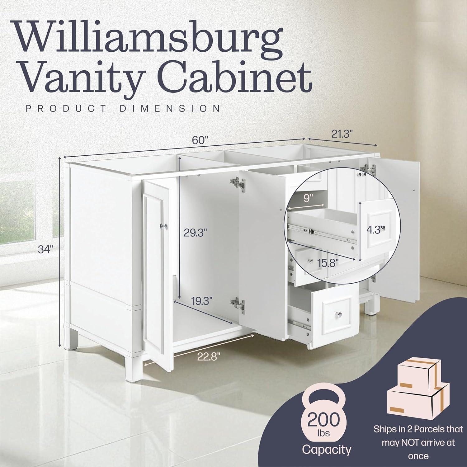 Alaterre Furniture Williamsburg 60"W White Wood Vanity Cabinet Only