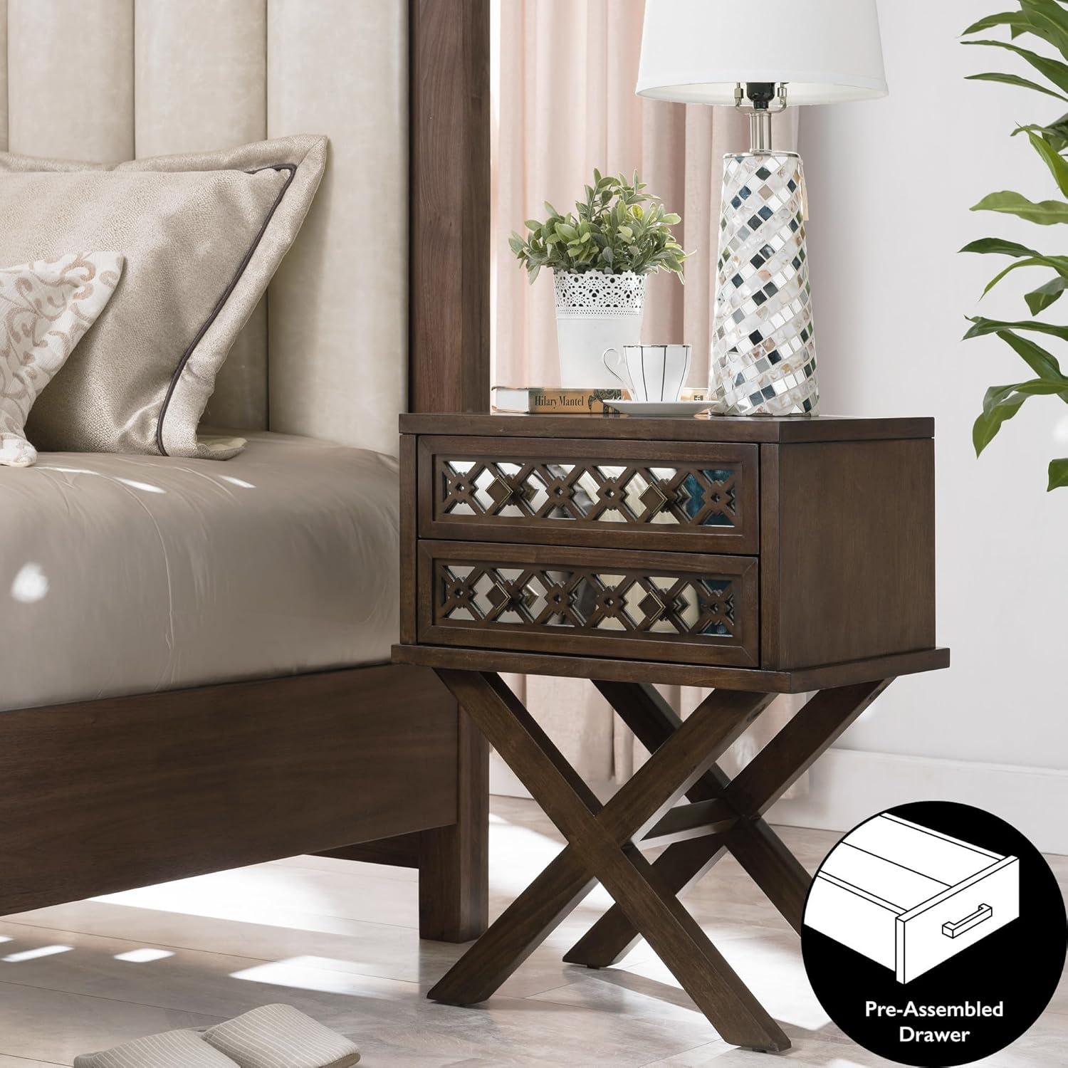 Mirrored Diamond Filigree X Base Nightstand/Table Walnut - Leick Home