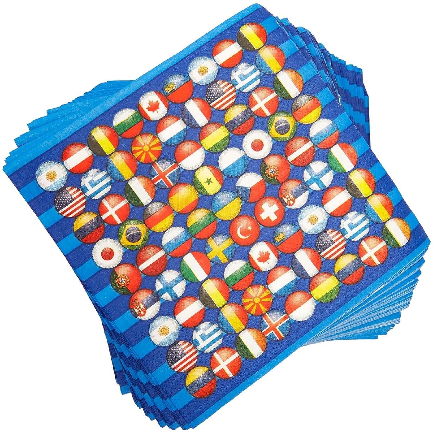 Blue Panda 100 Pack International Flag Disposable Paper Napkins 6.5" Party Supplies