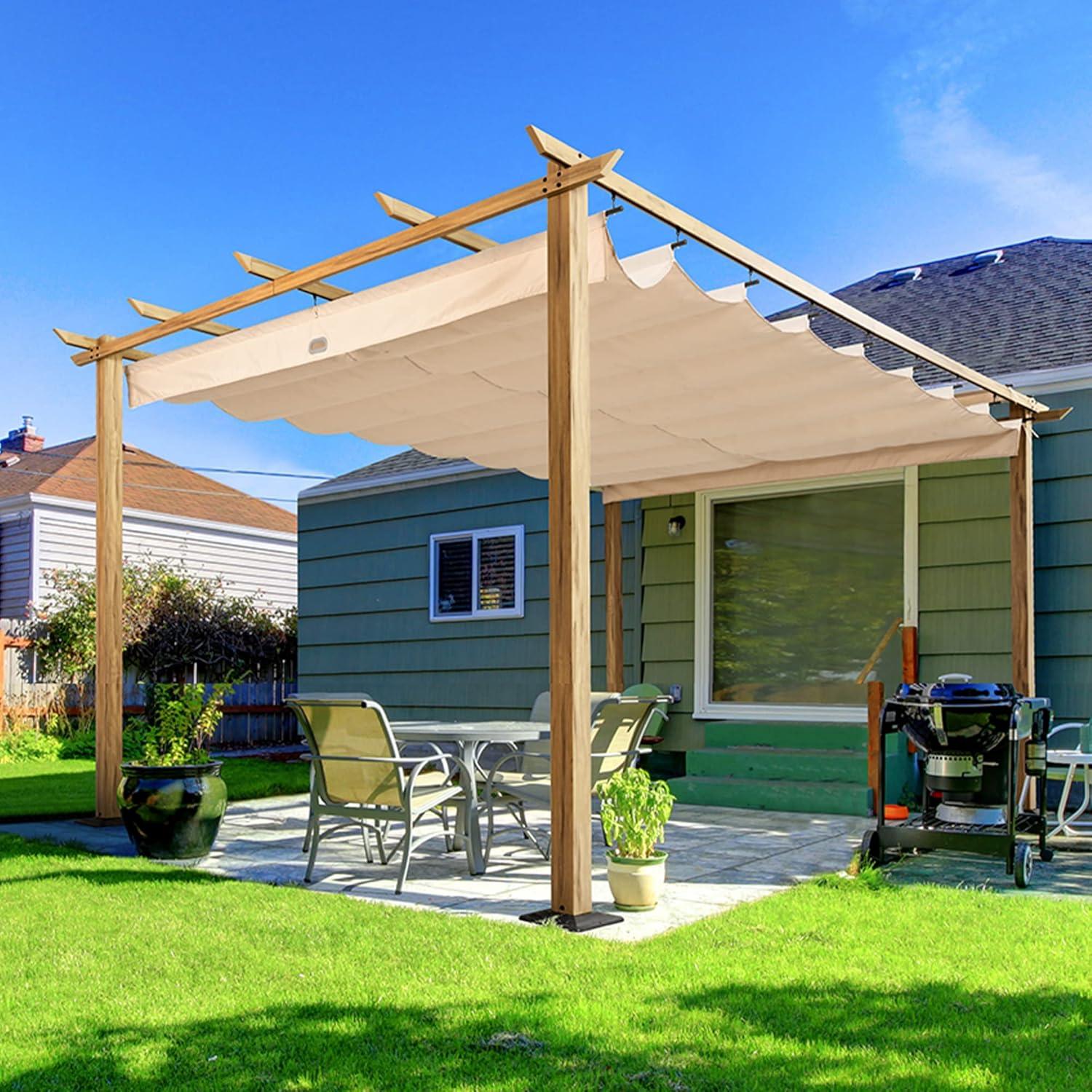 Beige 10' x 13' Wood-Grain Aluminum Pergola with Retractable Canopy