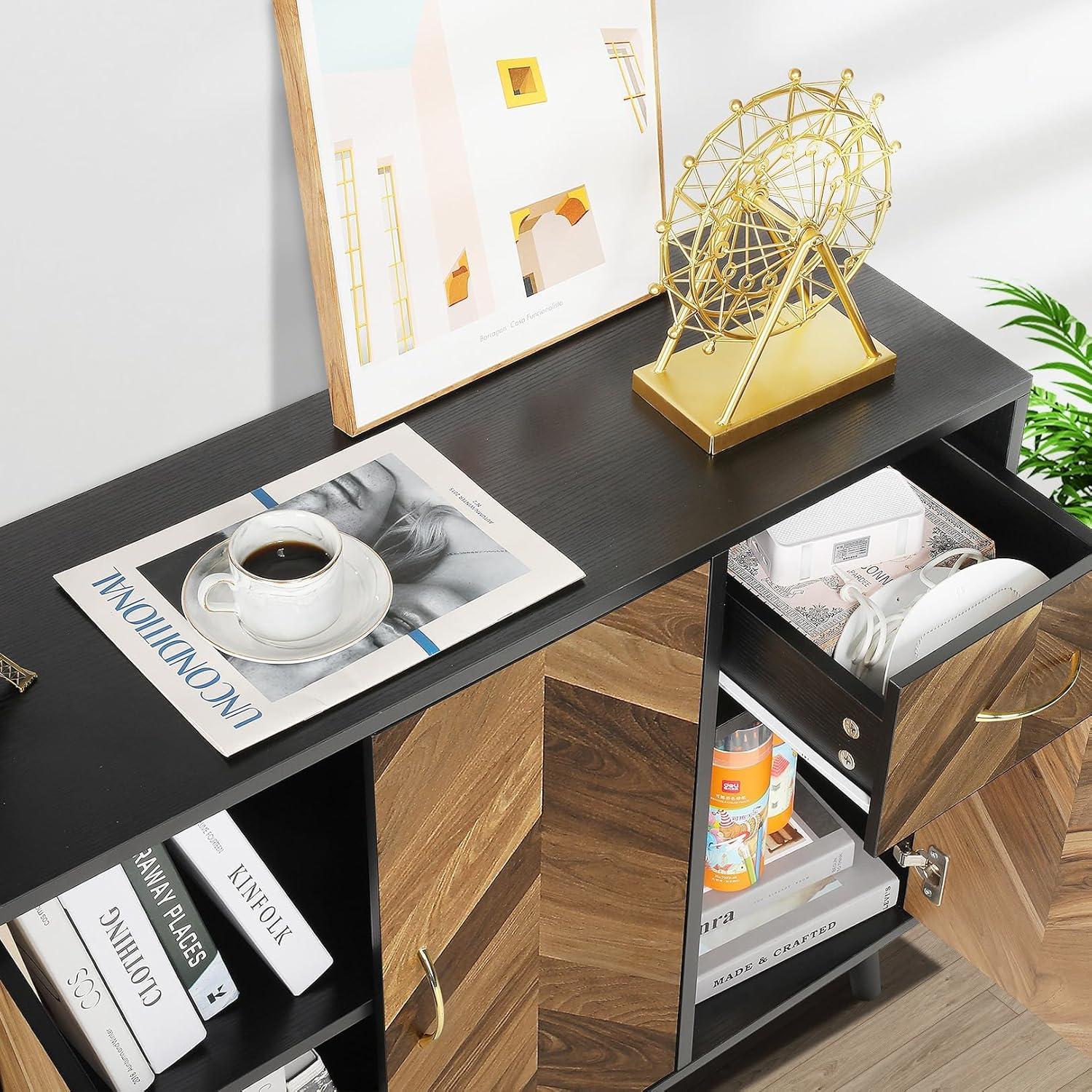 Accent Cabinet, Black Storage Cabinet with Doors Mid Century Modern Sideboard Buffet Cabinet with Storage Shelves Small Wood Accent Cabinets for Living Room Entryway Office, Brown Herringbone