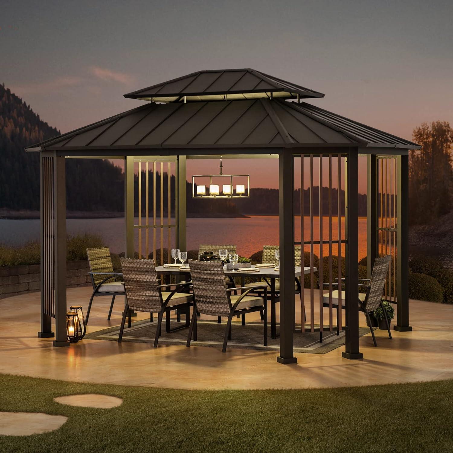 Sunjoy Sunjoy 11 x 13 ft. Hardtop Gazebo Outdoor Galvanized Steel Gazebo w/ Metal Gable Roof and Movable Ceiling Hook, Suitable for Patio & Backyard