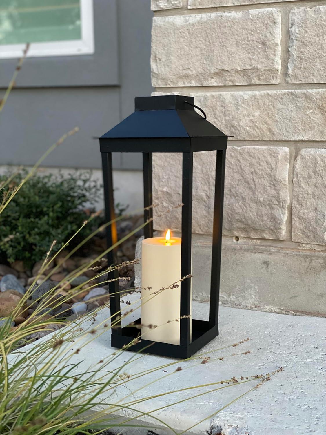 Large Black Metal Solar Powered Outdoor Lantern with LED Candle