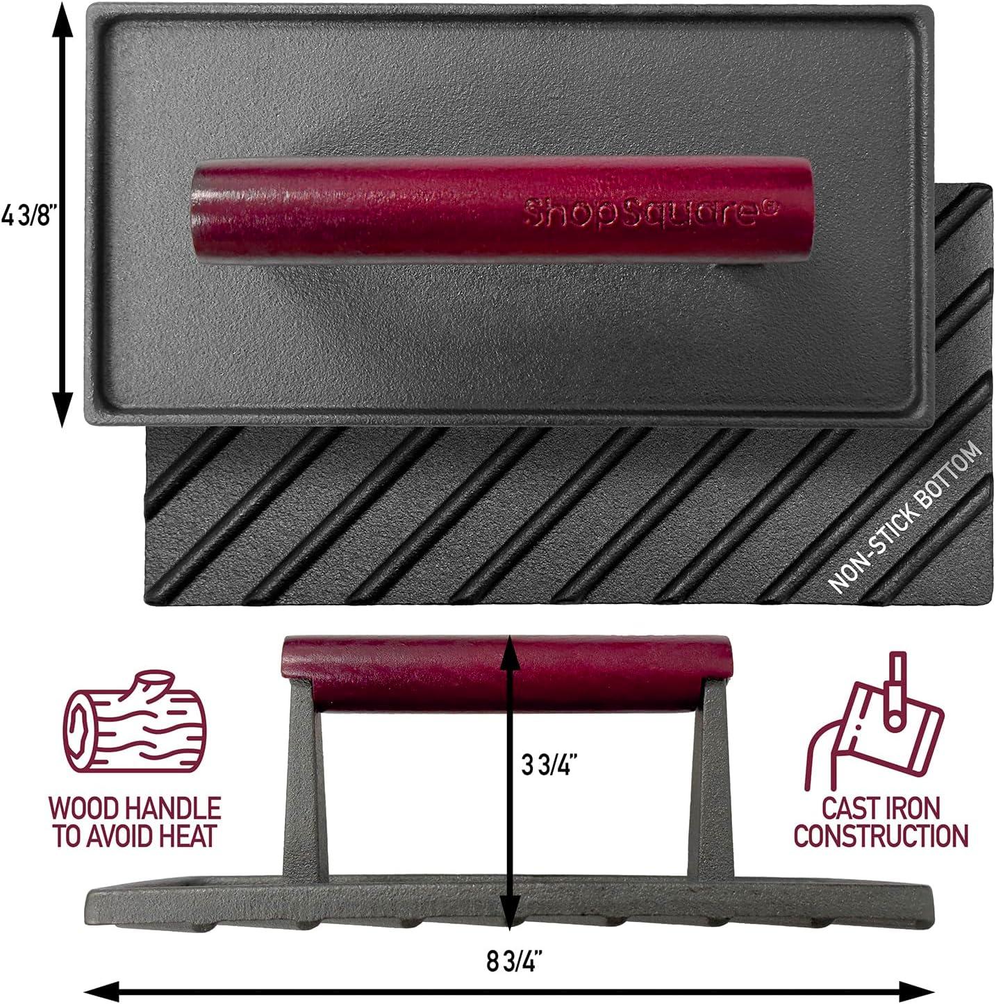 Rectangular and Round Cast Iron Grill Press with Red Wood Handle