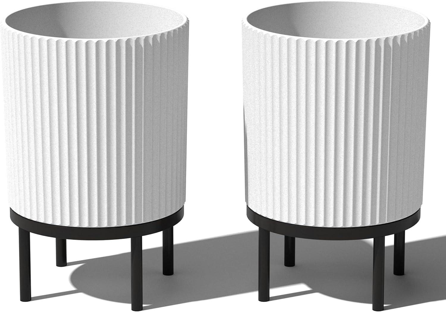 White and Black Concrete-Composite Planter with Acacia Stand, 16" - Set of 2