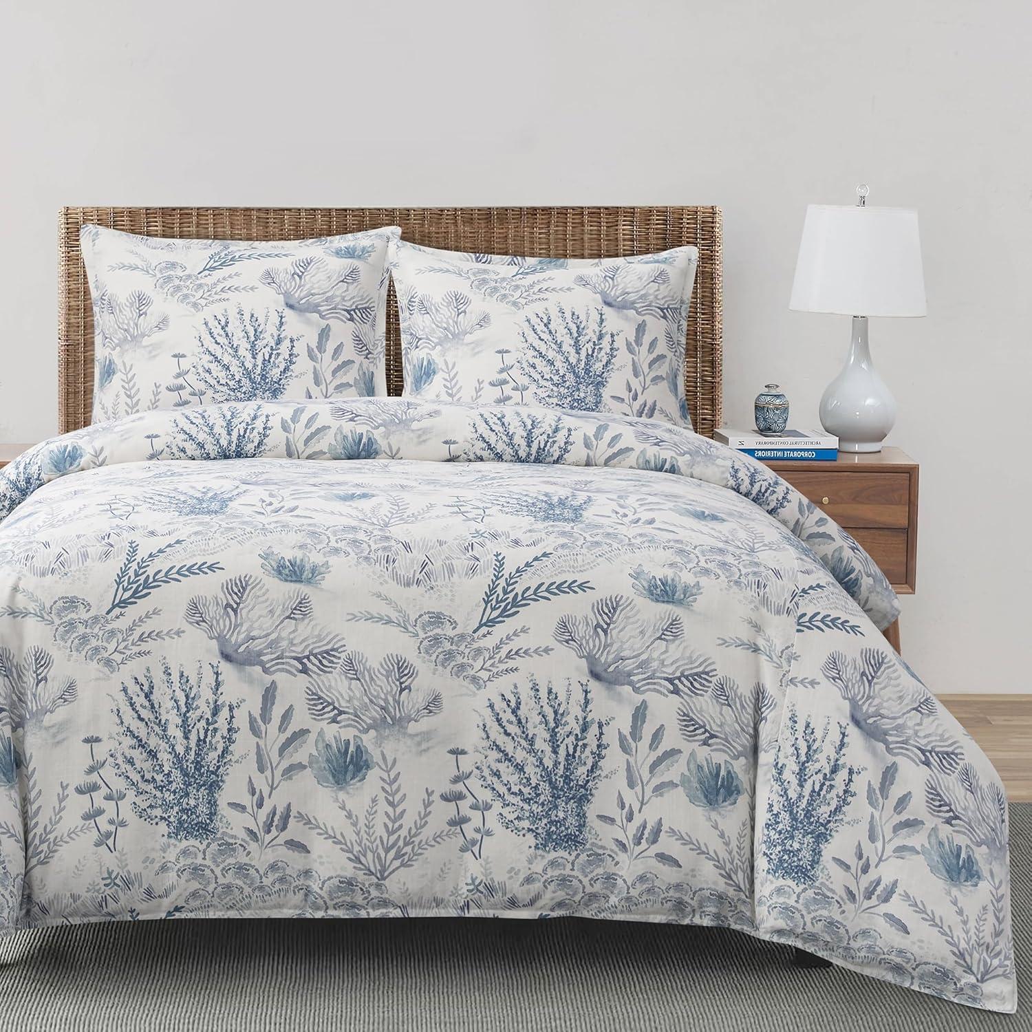 Oceania Coastal Coral Print Linen Blend Classic Chic Casual Comforter Set