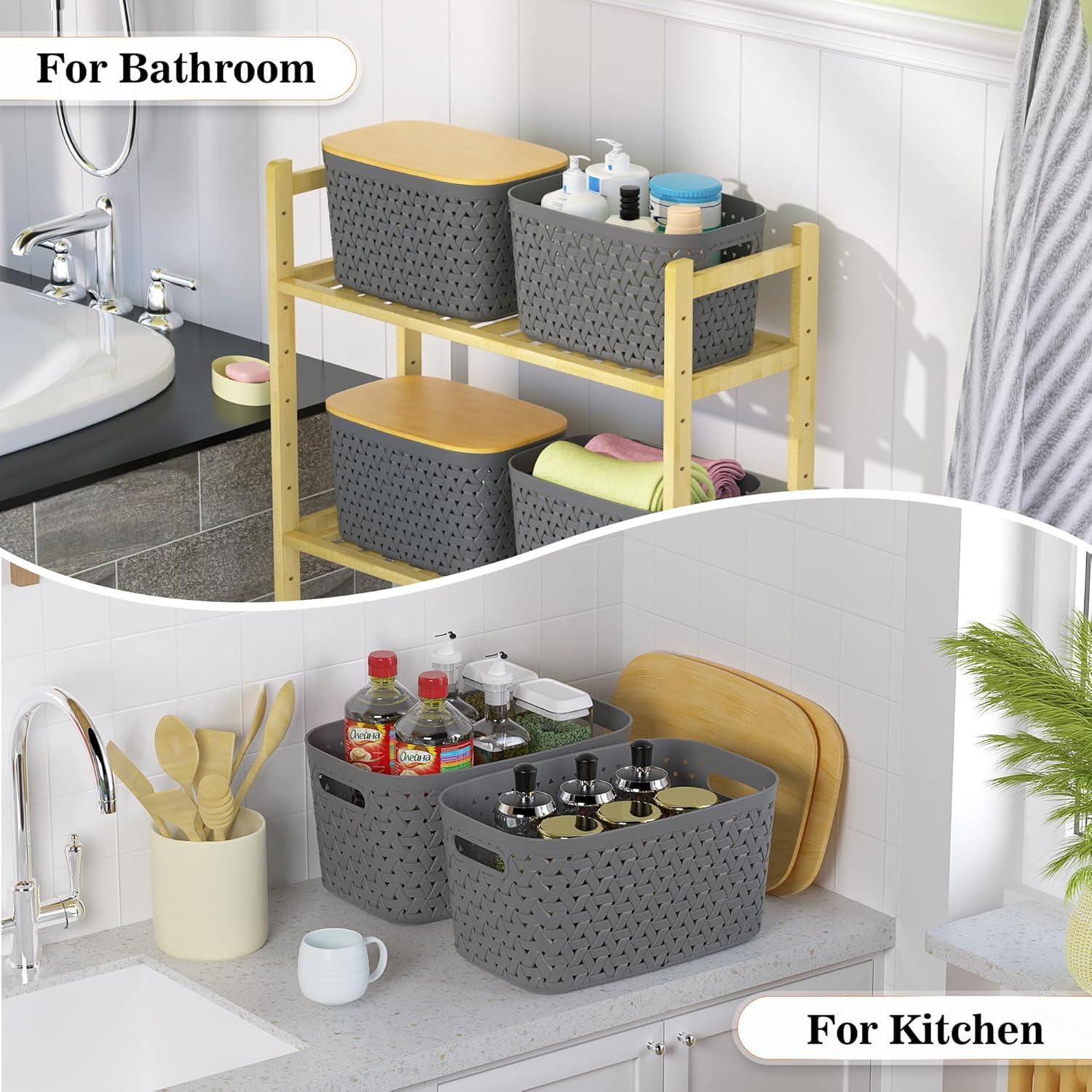 Rebrilliant Plastic Storage Bins With Bamboo Lids Set Of 4 - Pantry Organization And Storage Containers Storage Baskets - Stackable Storage Bins For Shelves Drawers Desktop Closet Playroom Classroom Office