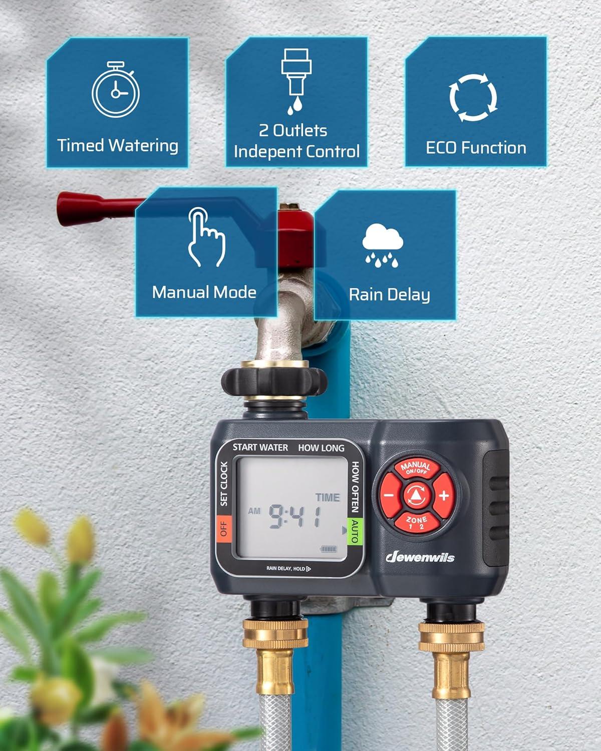 DEWENWILS Sprinkler Timer 2 Zone, Water Hose Timer with Rain Delay/Manual Watering/Automatic Irrigation Timer, Programmable Outdoor Faucet Timer for Garden, Yard, Lawn