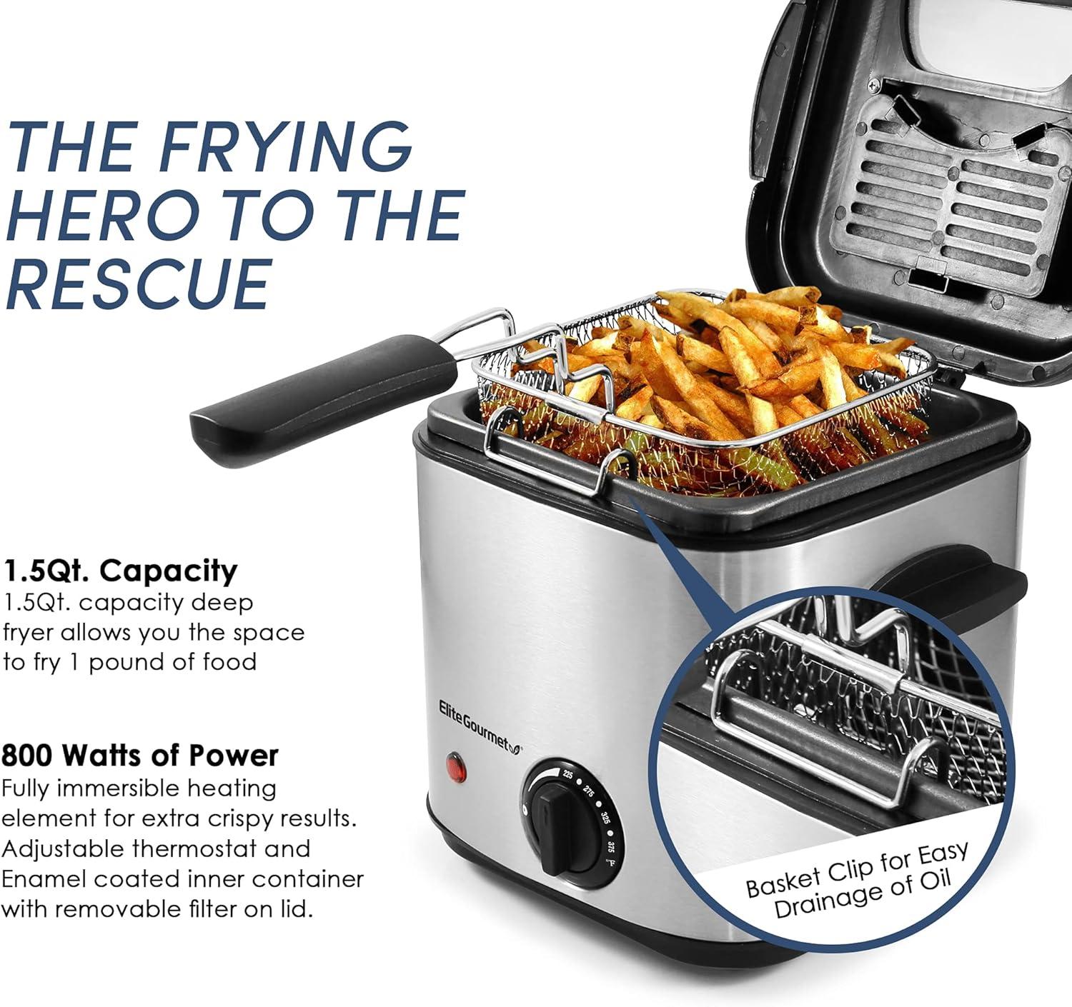 Elite Gourmet 1.5 qt 800W Electric Deep Fryer, Stainless Steel