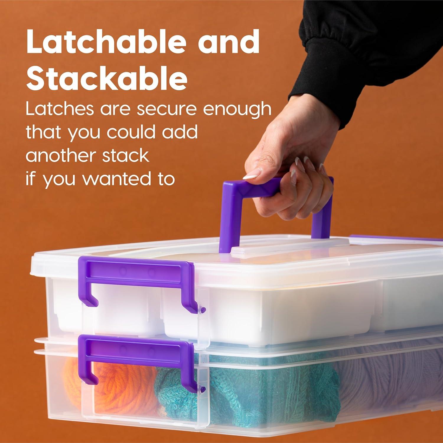 IRIS USA 9.4 Qt 2 Layer Stack and Carry Storage Containers with Bulked-Up Lid and 4 Removable Dividers, Clear/Violet