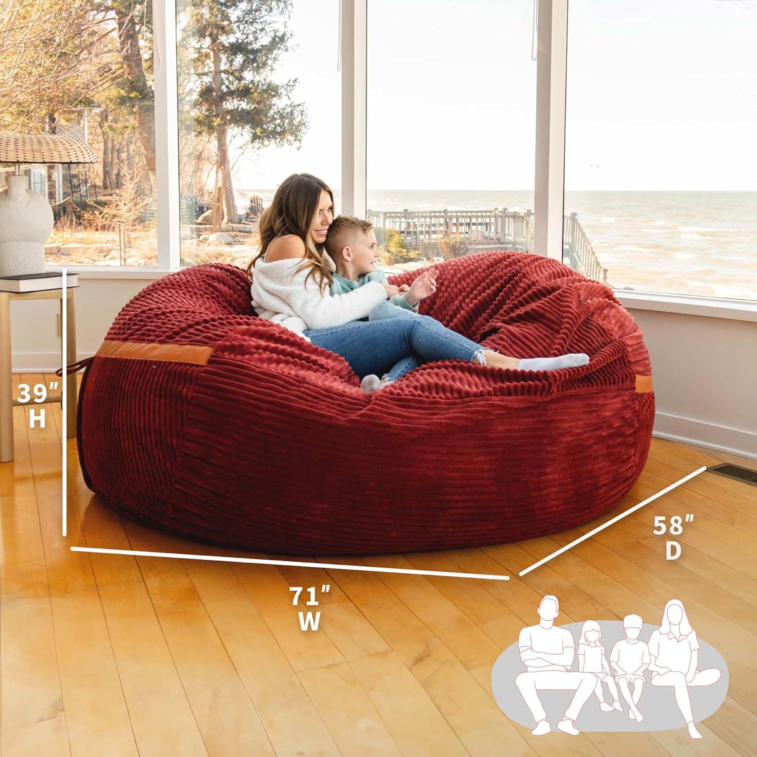 Big Joe Foam Filled Bean Bag Chair with Removable Cover, Corded Plush, Vegan Leather Accents, Medium to XXL Size