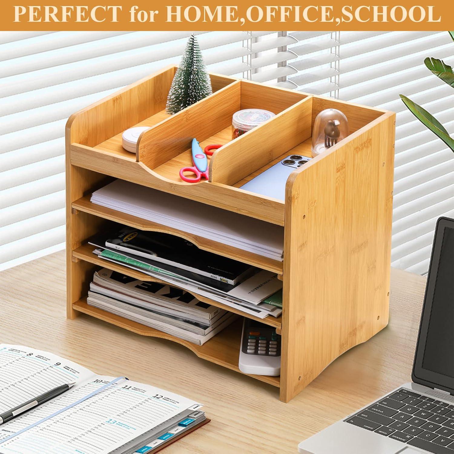 Hokku Designs Bamboo Desk File Organizer,Document Letter Tray Sorter With 2 Adjustable Shelves, 4 Tier Mail Organizer Countertop