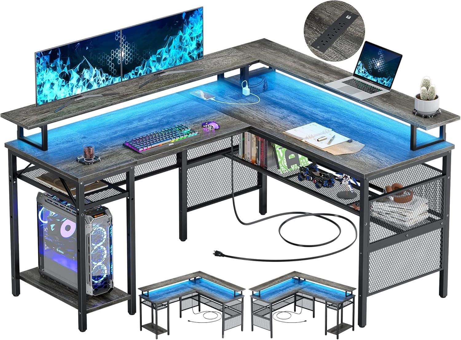 Unikito Reversible L Shaped Desk with Power Outlets and RGB LED Light, Sturdy Computer Desk with Ergonomic Monitor Stand and Storage Shelves, Corner Desk for Home Office, Easy Assembly, Black Oak