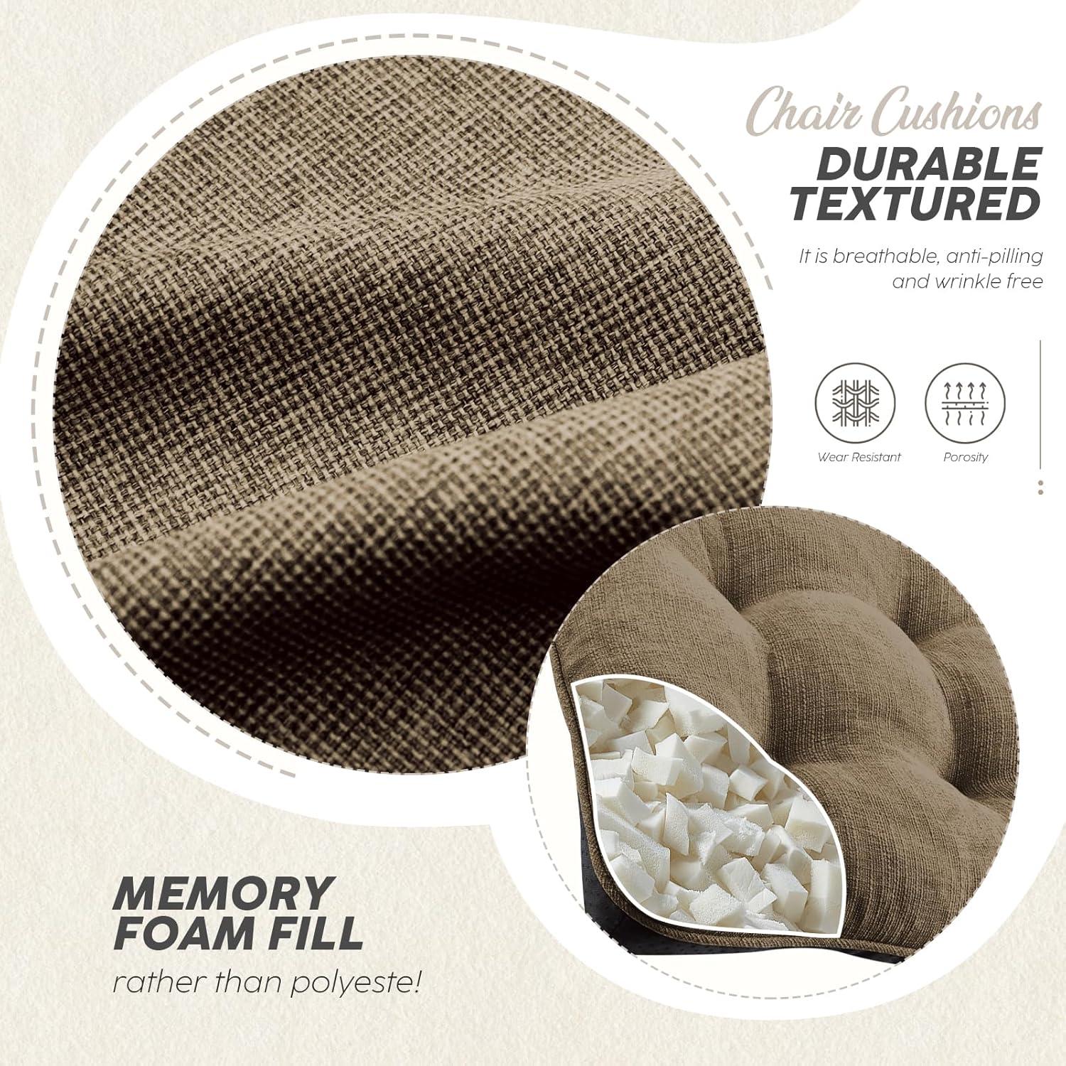 Chair Cushions for Dining Chairs Set of 4, Non Slip Tufted Kitchen Chair Cushions with Ties, Shredded Memory Foam Kitchen Chair Pads, 15.5" x 15.5" x 4", Brown