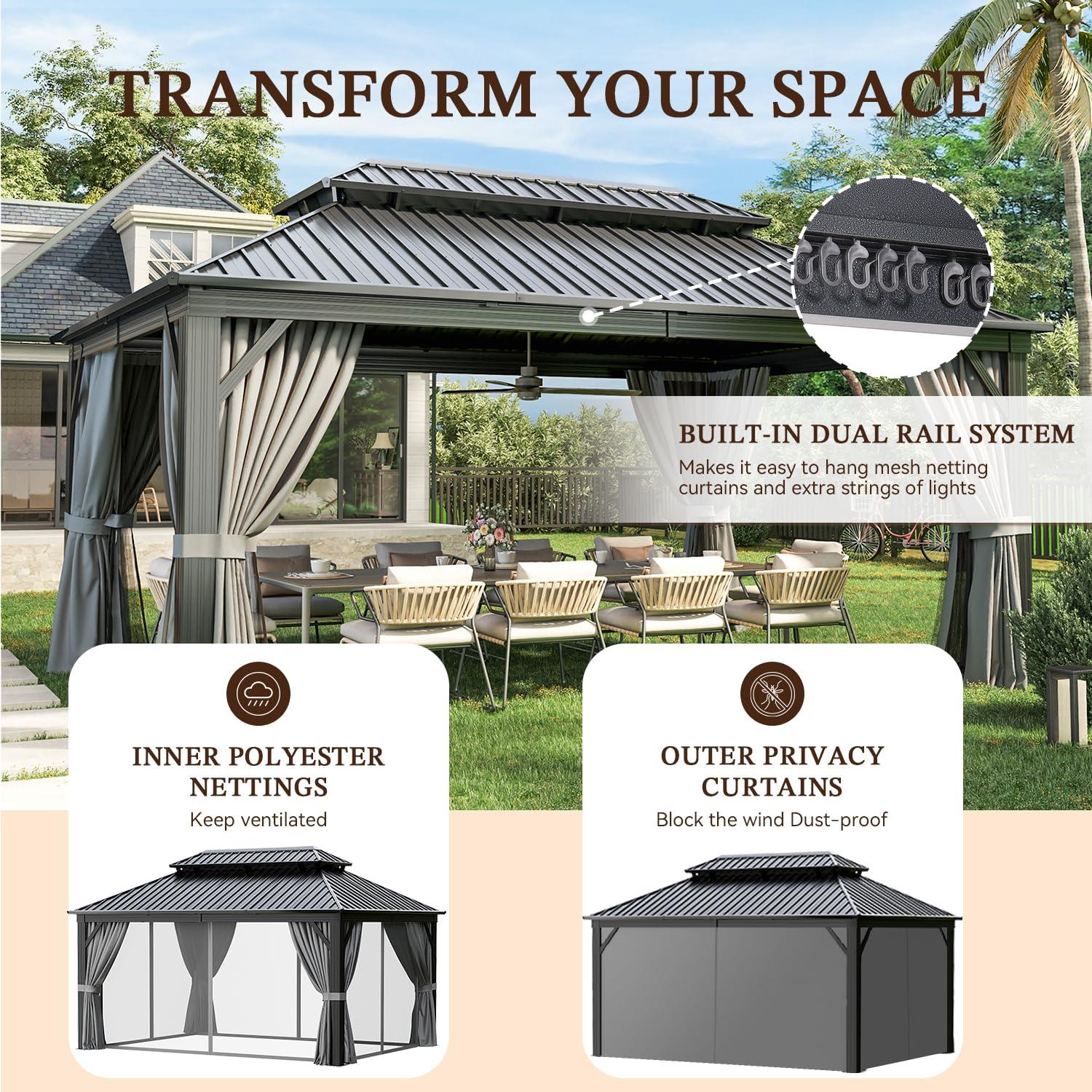 Kozyard Kozyard Alexander Gray Double Roof Hardtop Gazebo with Privacy Curtain Mosquito Netting