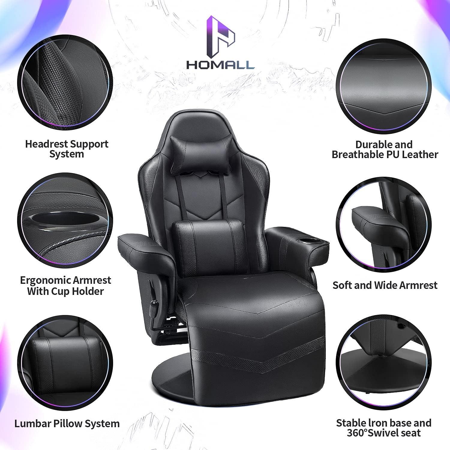 Homall Computer Racing Style Pu Leather Ergonomic Adjusted Reclining Video Gaming Single Sofa Chair with Footrest Headrest and Lumbar Support (Black)
